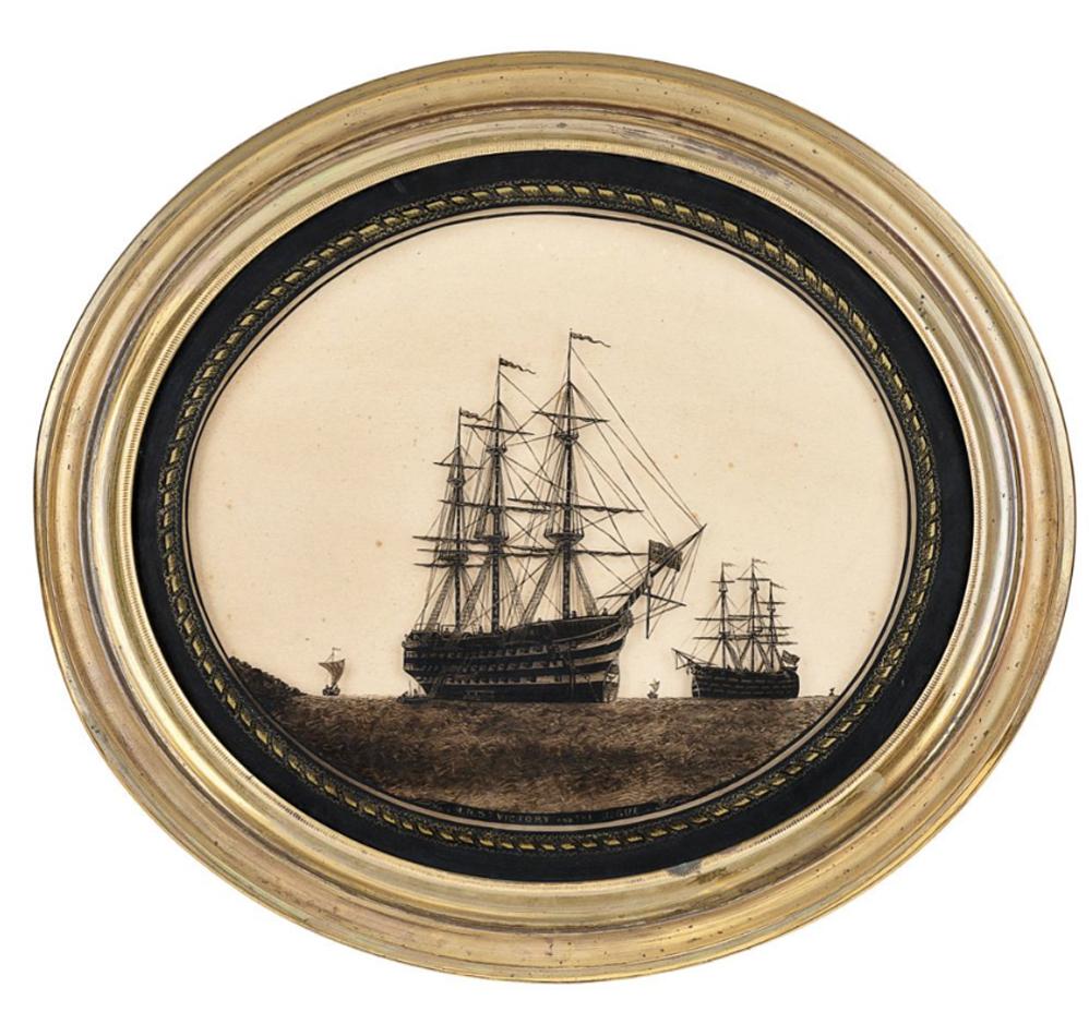 Regency English Nautical Silhouettes on Glass of Named royal Navy Ships For Sale