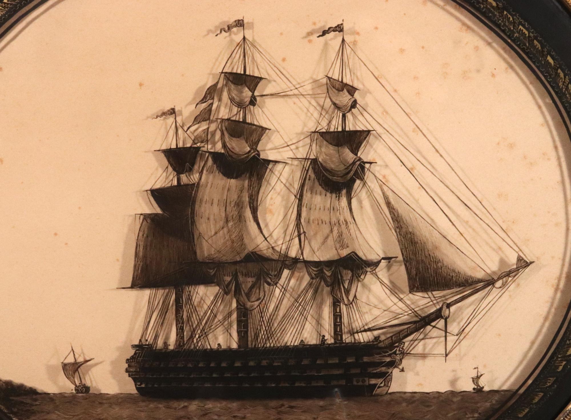 Anglais Silhouettes nautiques anglaises sur verre de navires de la marine royale désignés en vente