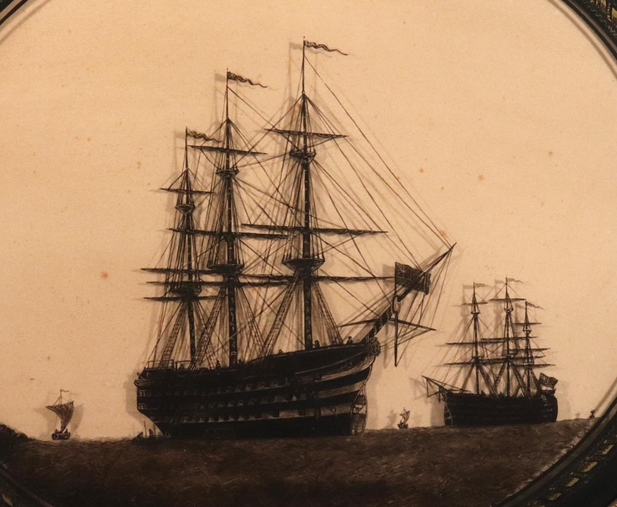 19th Century English Nautical Silhouettes on Glass of Named royal Navy Ships For Sale