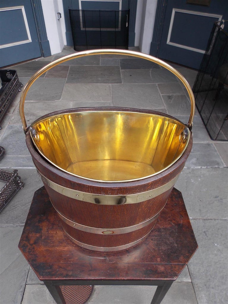 English Navette Form Oak Brass Banded and Lined Peat Bucket, Circa 1820