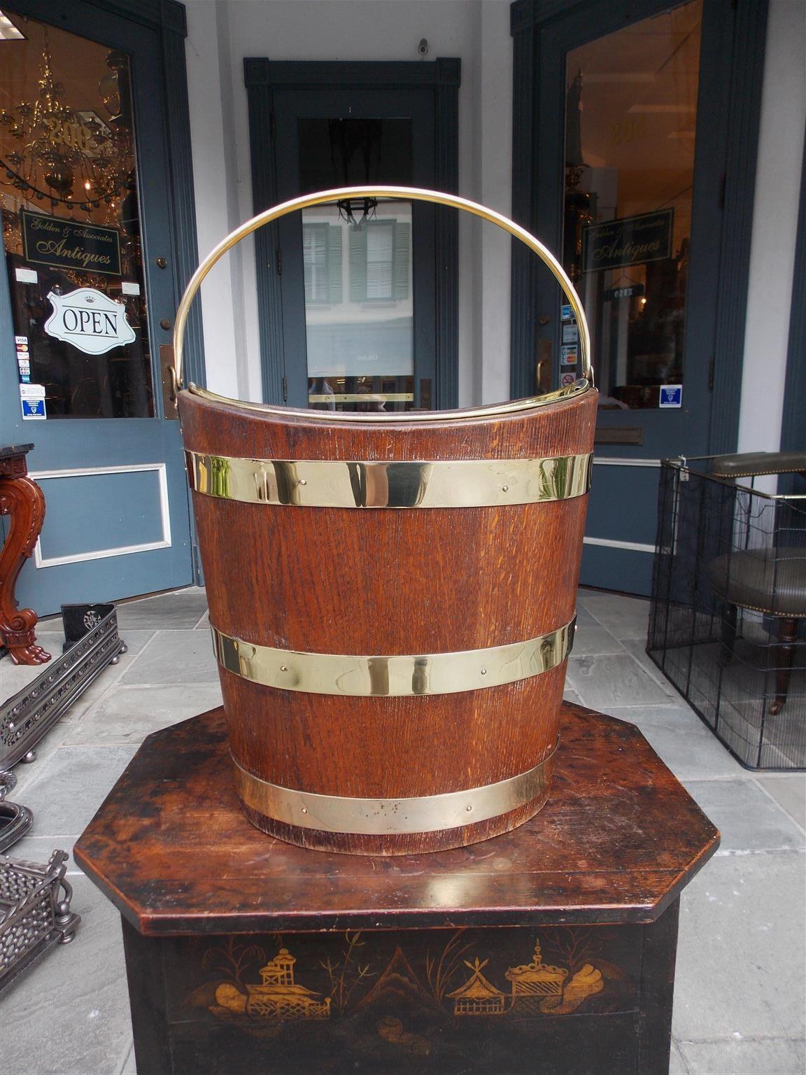 Hand-Carved English Navette Form Oak Brass Banded and Lined Peat Bucket, Circa 1820
