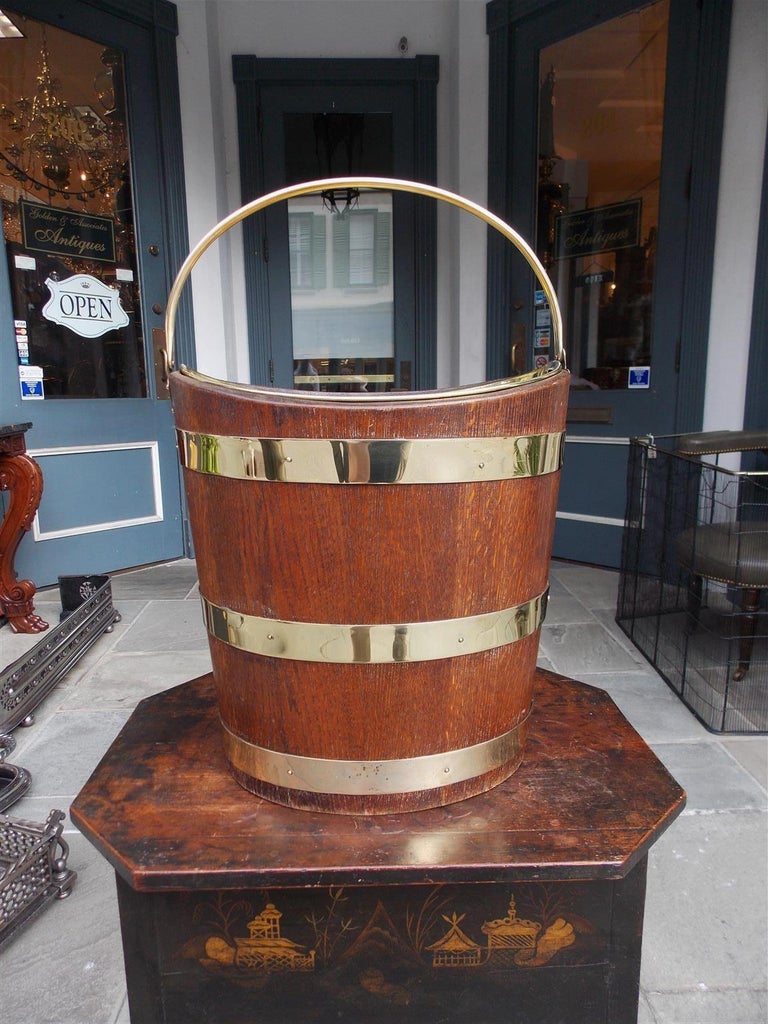 English Navette Form Oak Brass Banded and Lined Peat Bucket, Circa 1820