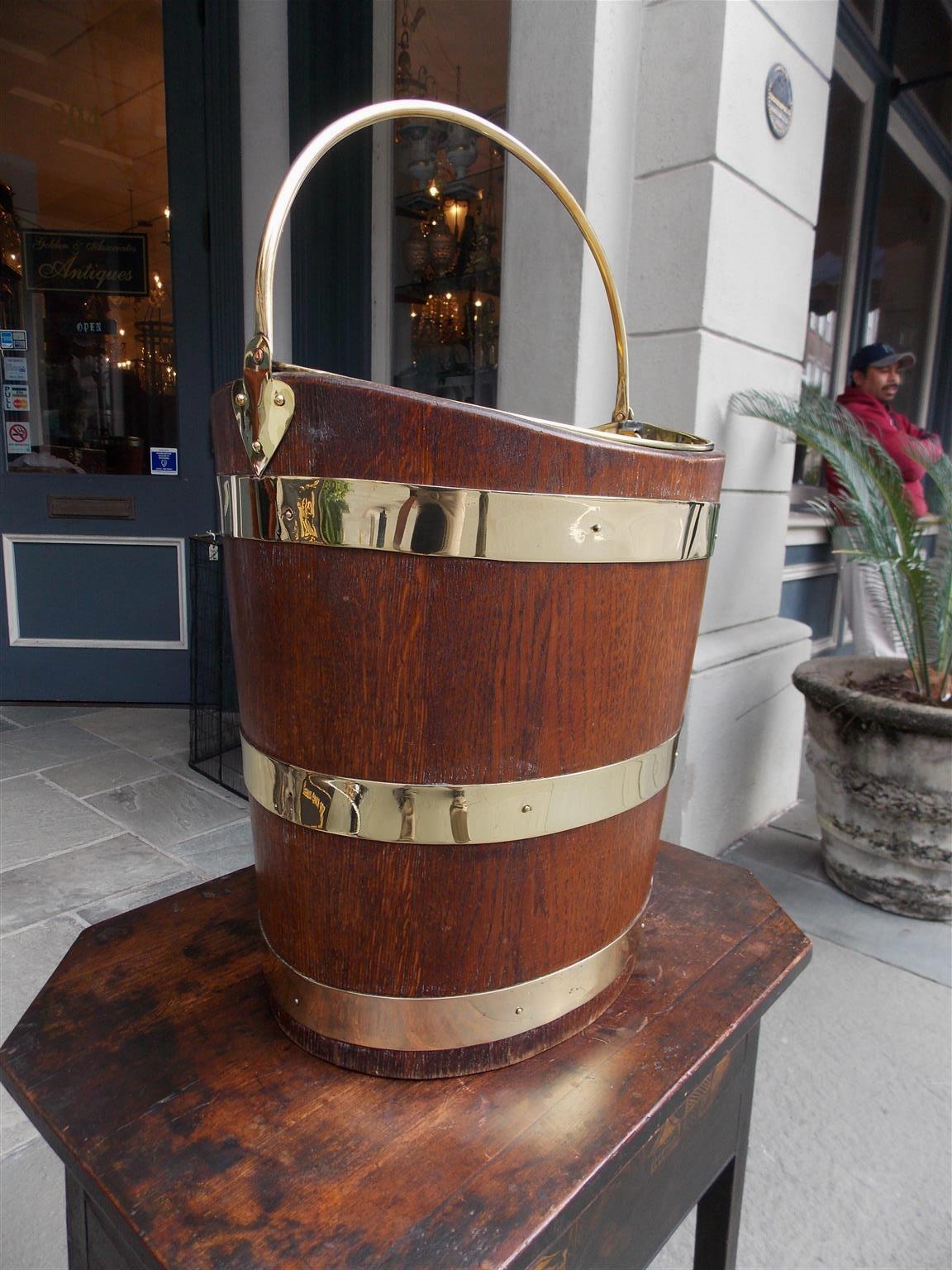 English Navette Form Oak Brass Banded and Lined Peat Bucket, Circa 1820 In Excellent Condition In Hollywood, SC