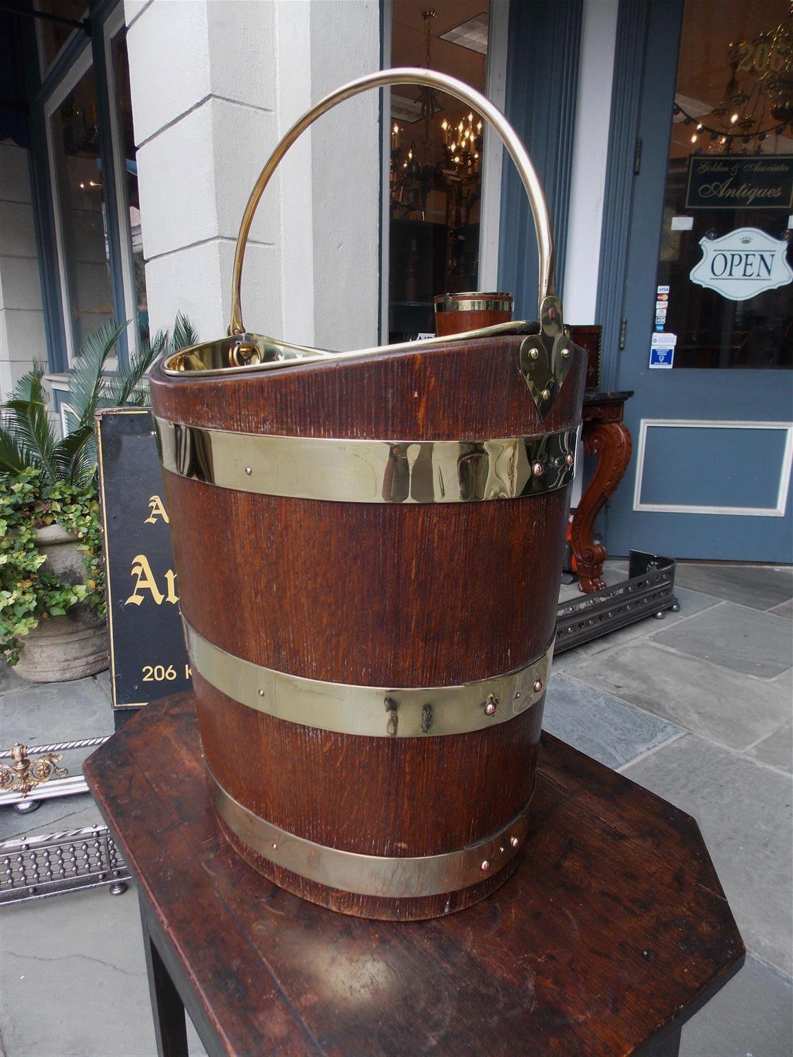 Early 19th Century English Navette Form Oak Brass Banded and Lined Peat Bucket, Circa 1820