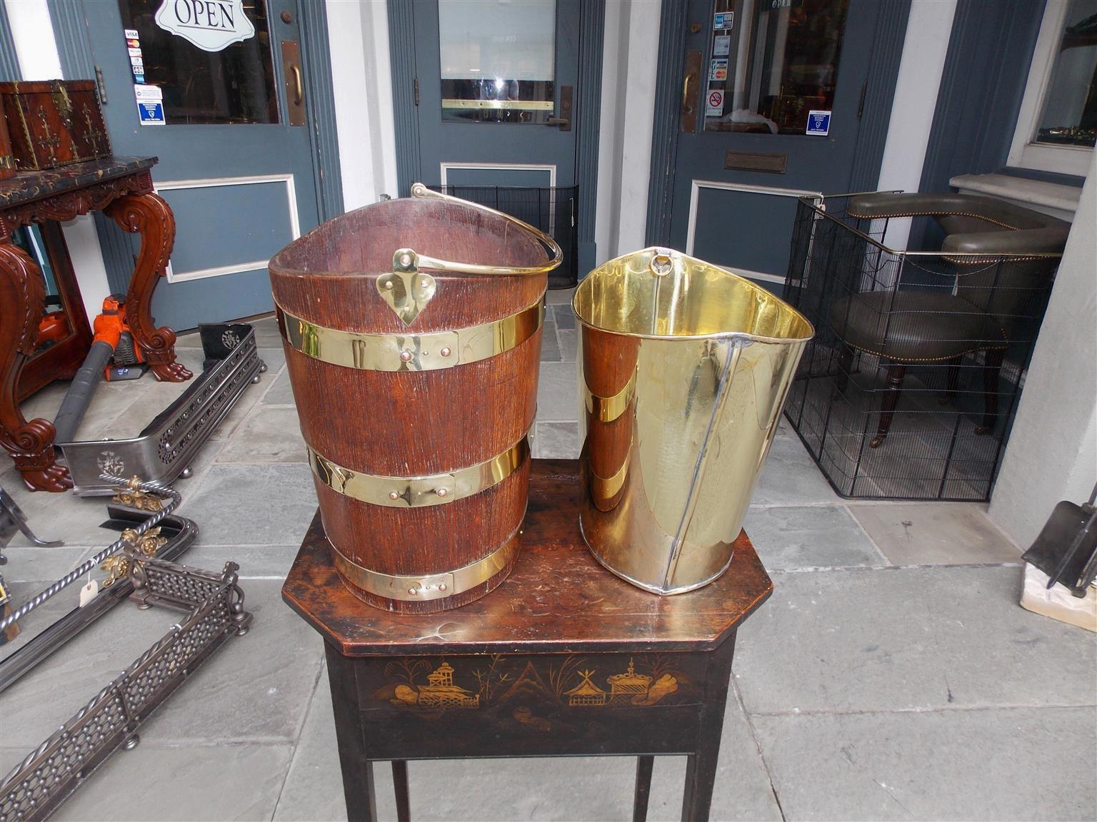 English Navette Form Oak Brass Banded and Lined Peat Bucket, Circa 1820 1