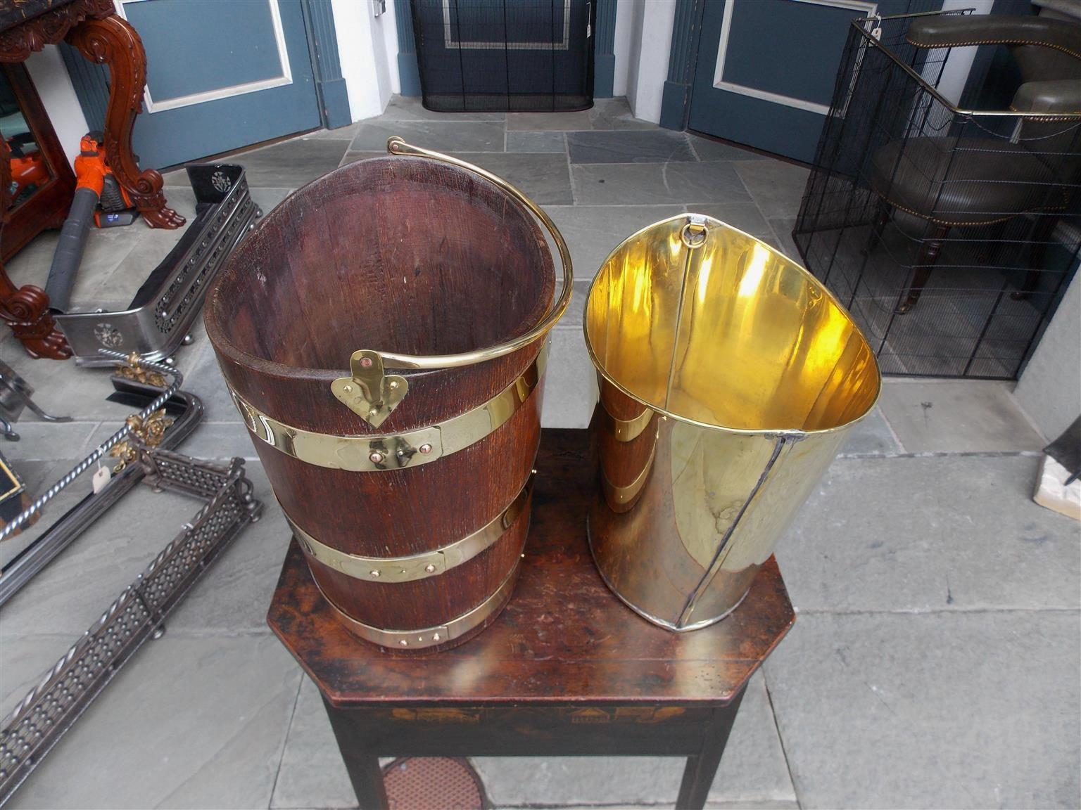 English Navette Form Oak Brass Banded and Lined Peat Bucket, Circa 1820 2