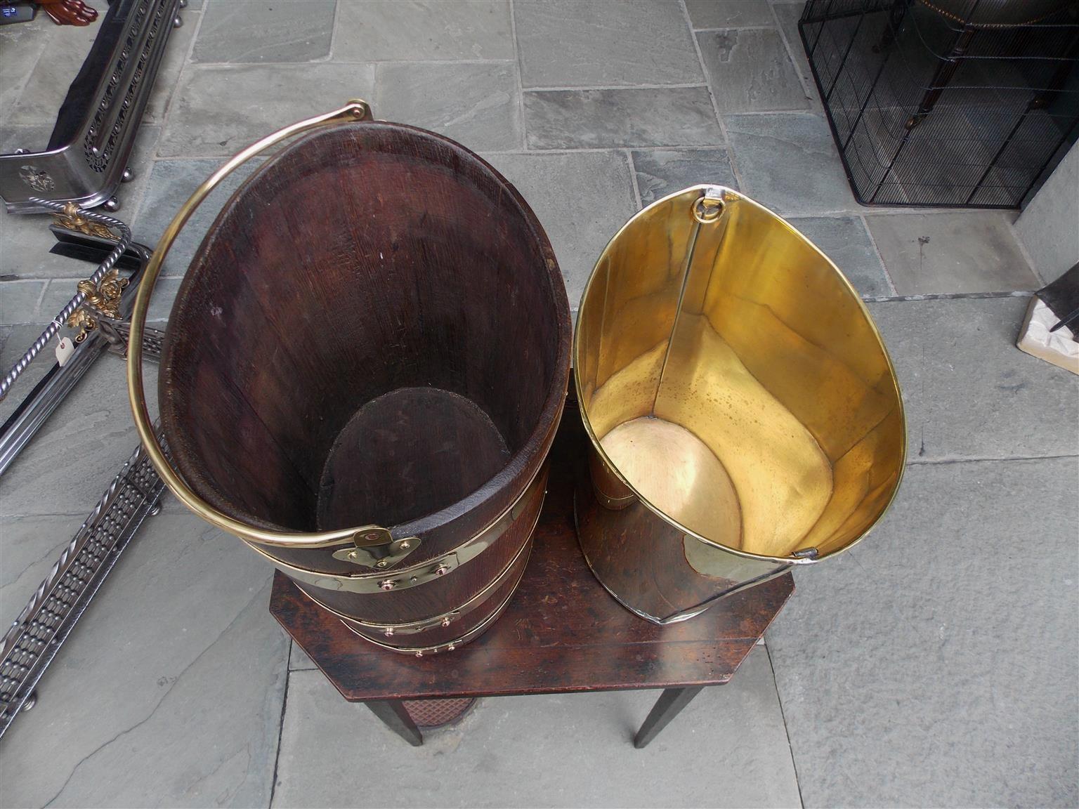 English Navette Form Oak Brass Banded and Lined Peat Bucket, Circa 1820 3