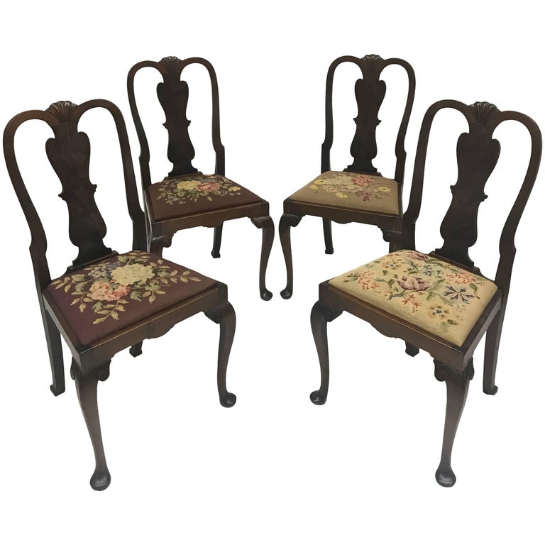 English Needlepoint Dining Chairs, Set of Four For Sale at 1stDibs
