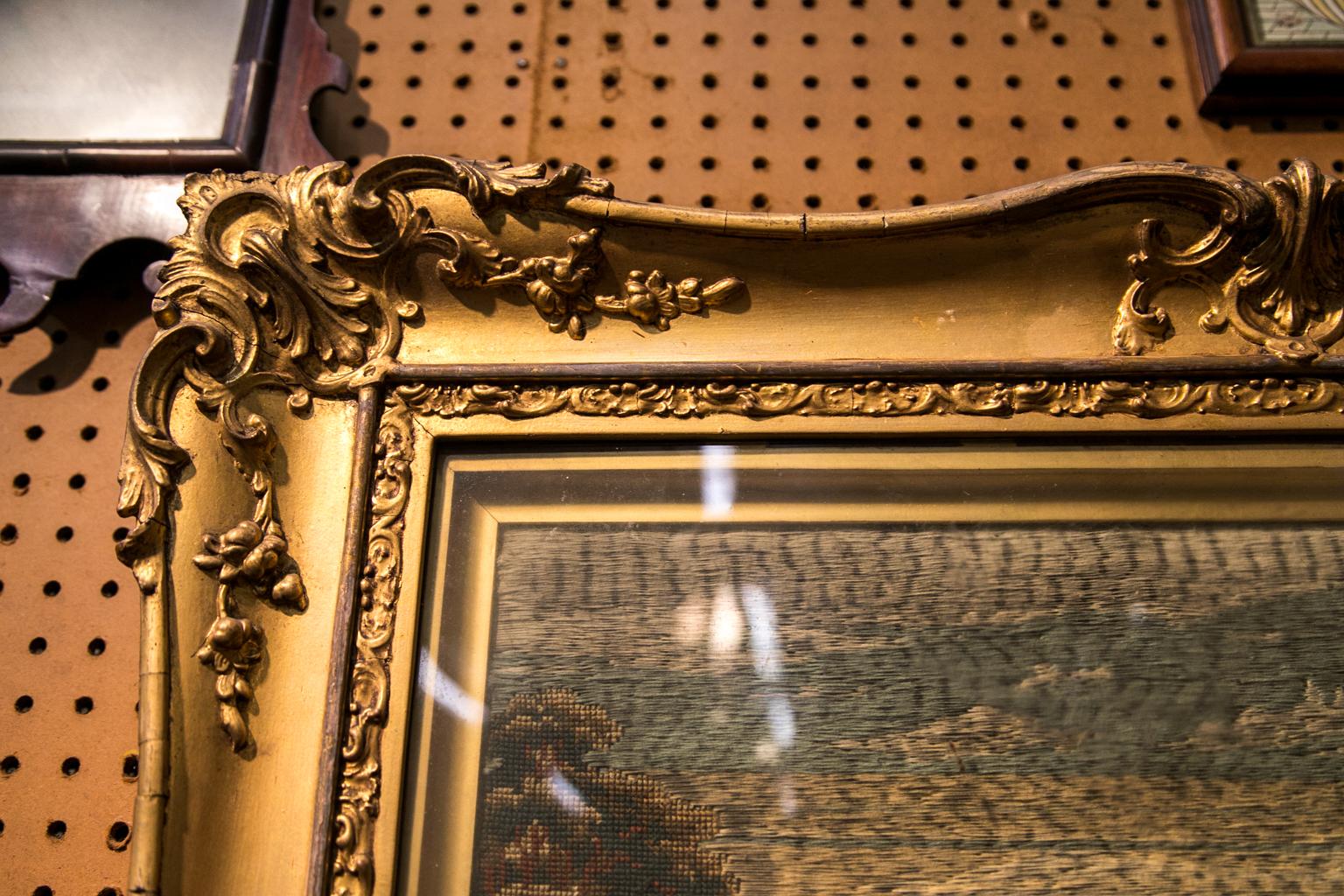 Mid-19th Century English Needlework in Gold Leaf Frame