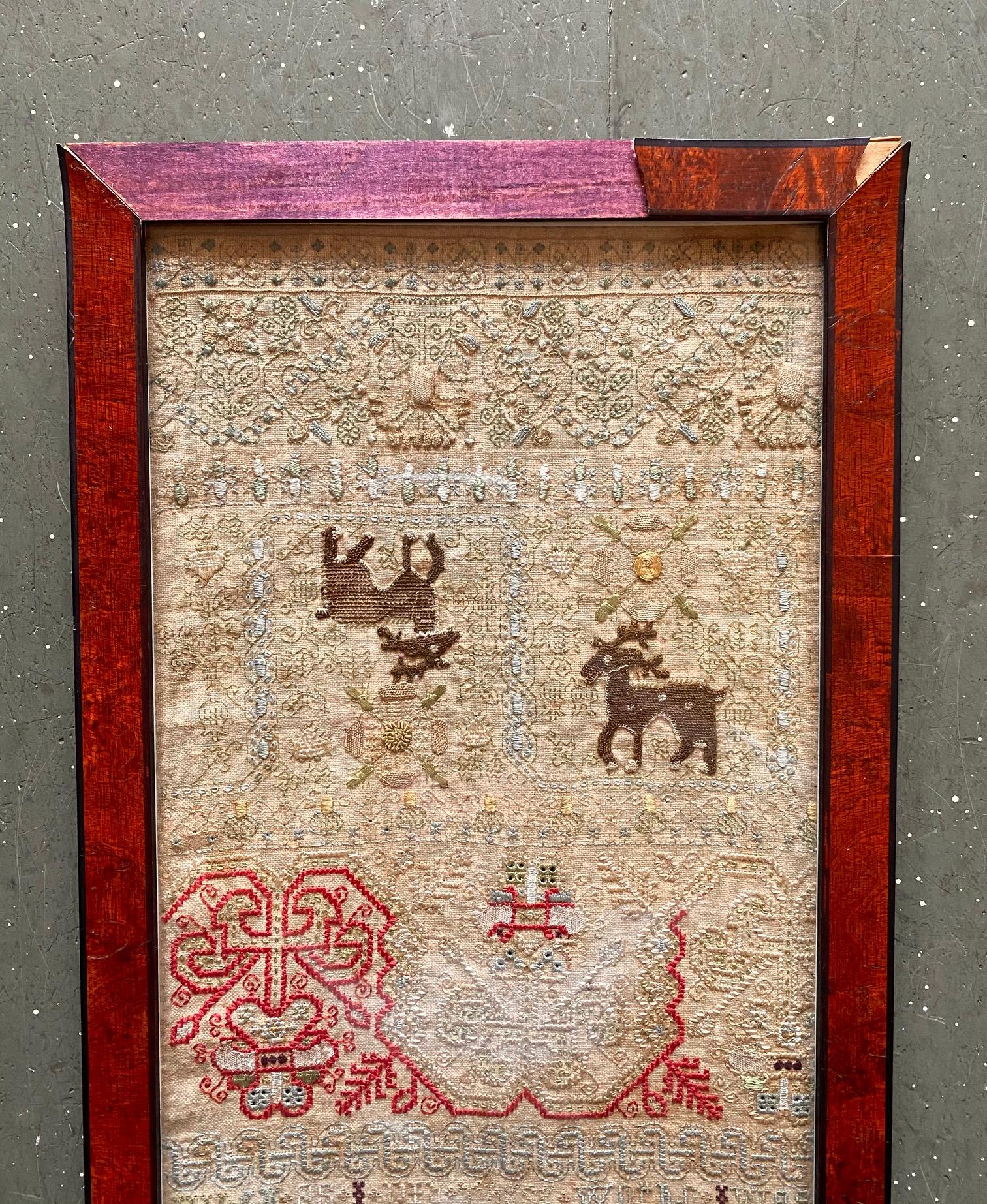 Antique English Needlework Sampler by Sarah Rudd, 1695, an exceptionally early needlework and lace 