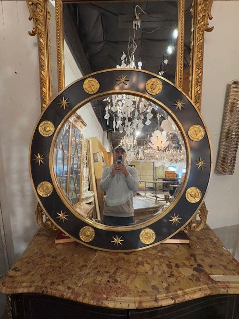 English Neo-classical design steel and brass round mirror. Perfect for today's designs! 39.5