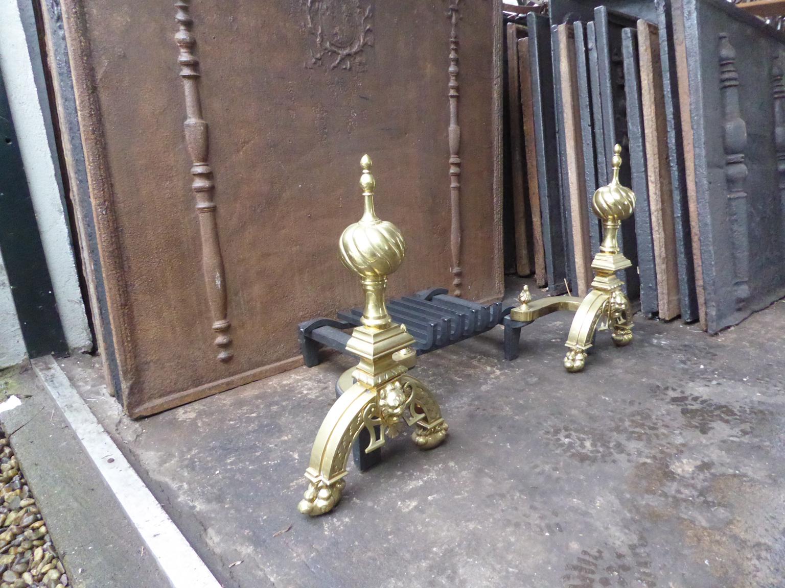 Brass English Neo Gothic Fireplace Grate, Fire Grate For Sale