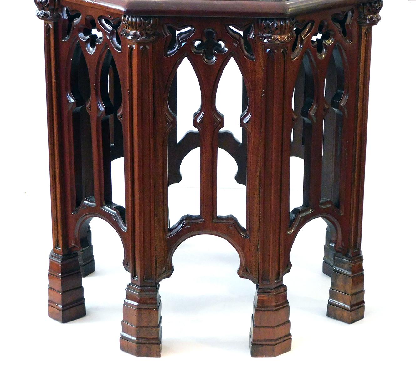 English Neo-Gothic Style Carved Solid Mahogany Octagonal Side / Drinks Table For Sale 1
