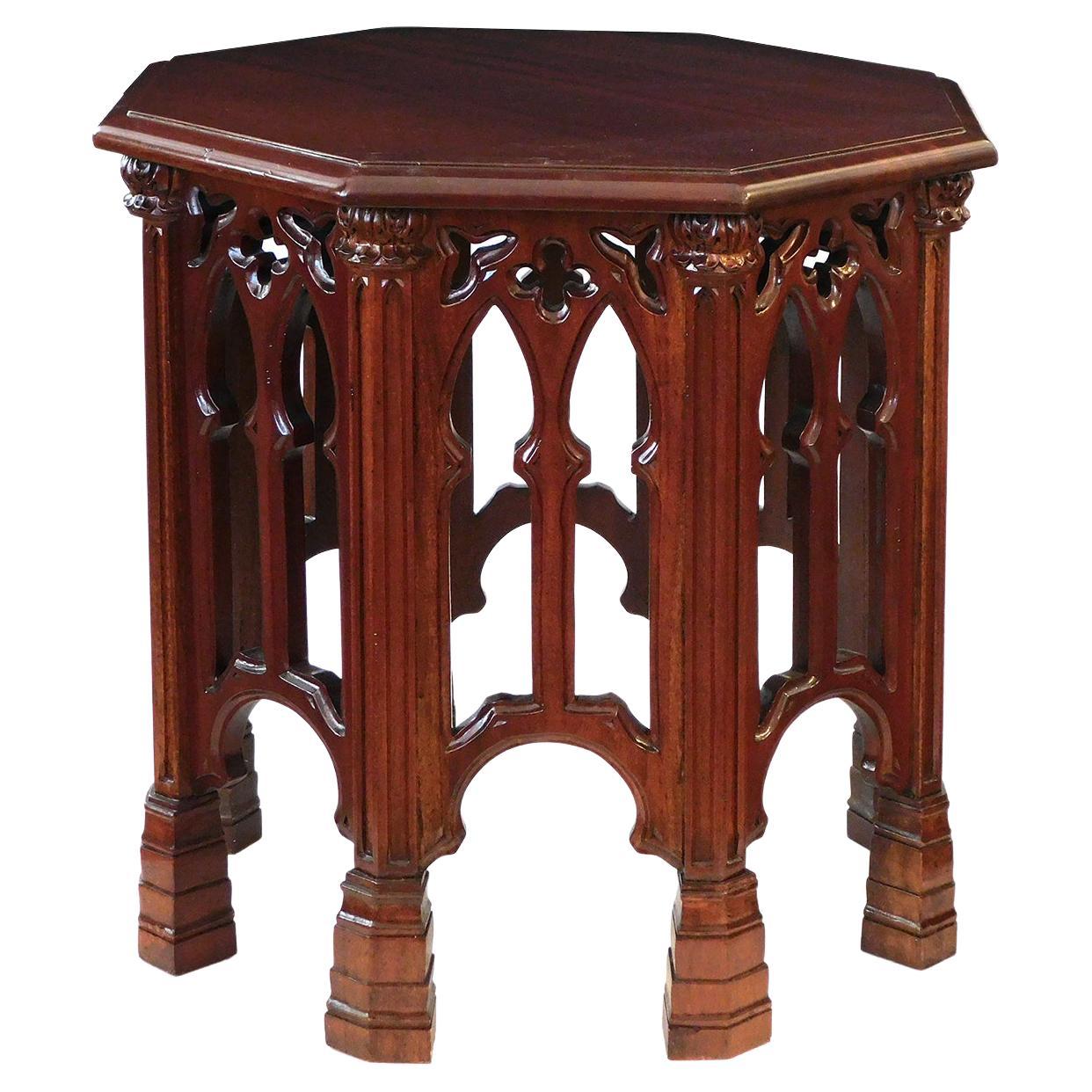 English Neo-Gothic Style Carved Solid Mahogany Octagonal Side / Drinks Table For Sale