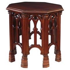 Antique English Neo-Gothic Style Carved Solid Mahogany Octagonal Side / Drinks Table