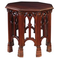 English Neo-Gothic Style Carved Solid Mahogany Octagonal Side / Drinks Table