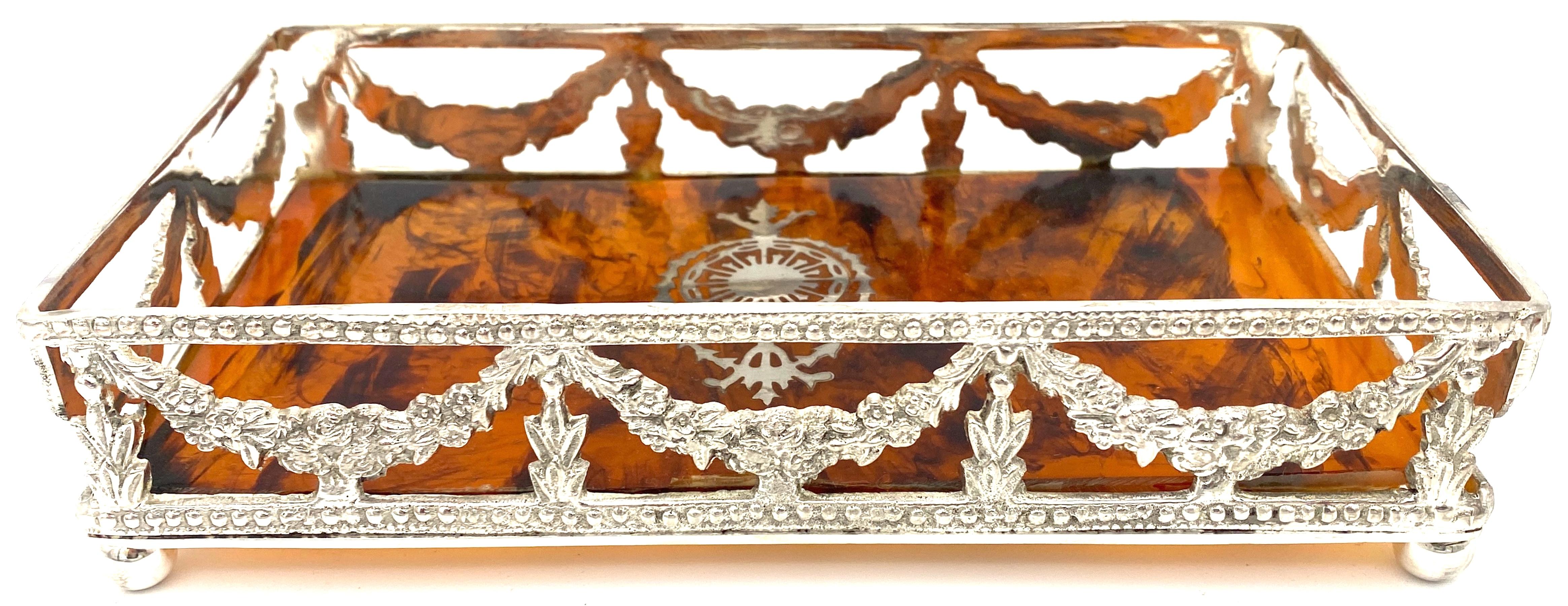 English Diminutive Neoclassical Silverplated & Faux Tortoise Gallery Tray, 2nd Available 
England, Late 20th Century

A English Diminutive Neoclassical Silverplated & Faux Tortoise Gallery Tray, a late 20th-century beauty. This stunning rectangular