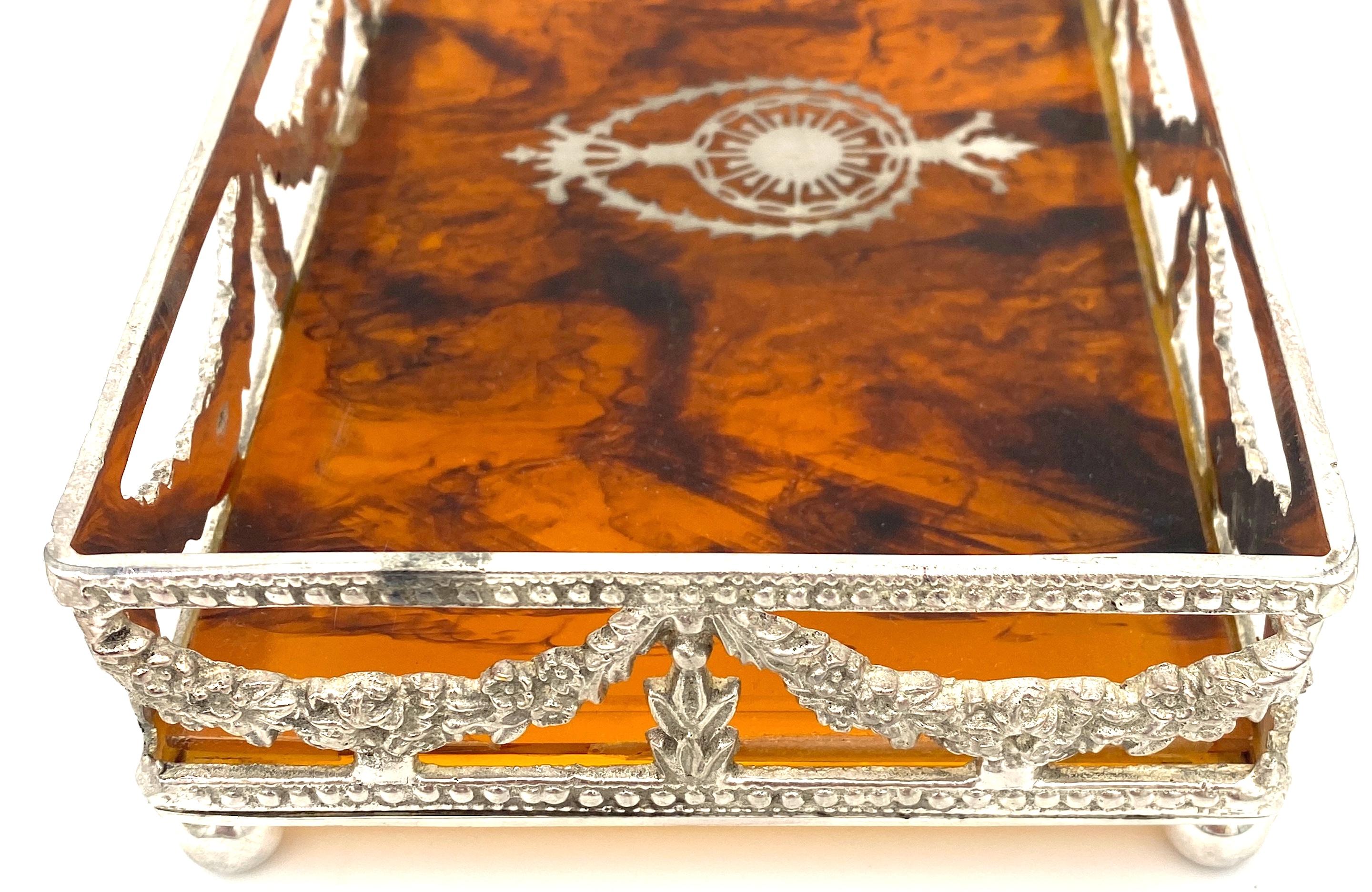 20th Century English Neoclassical Silverplated & Faux Tortoise Gallery Tray 2nd Available  For Sale