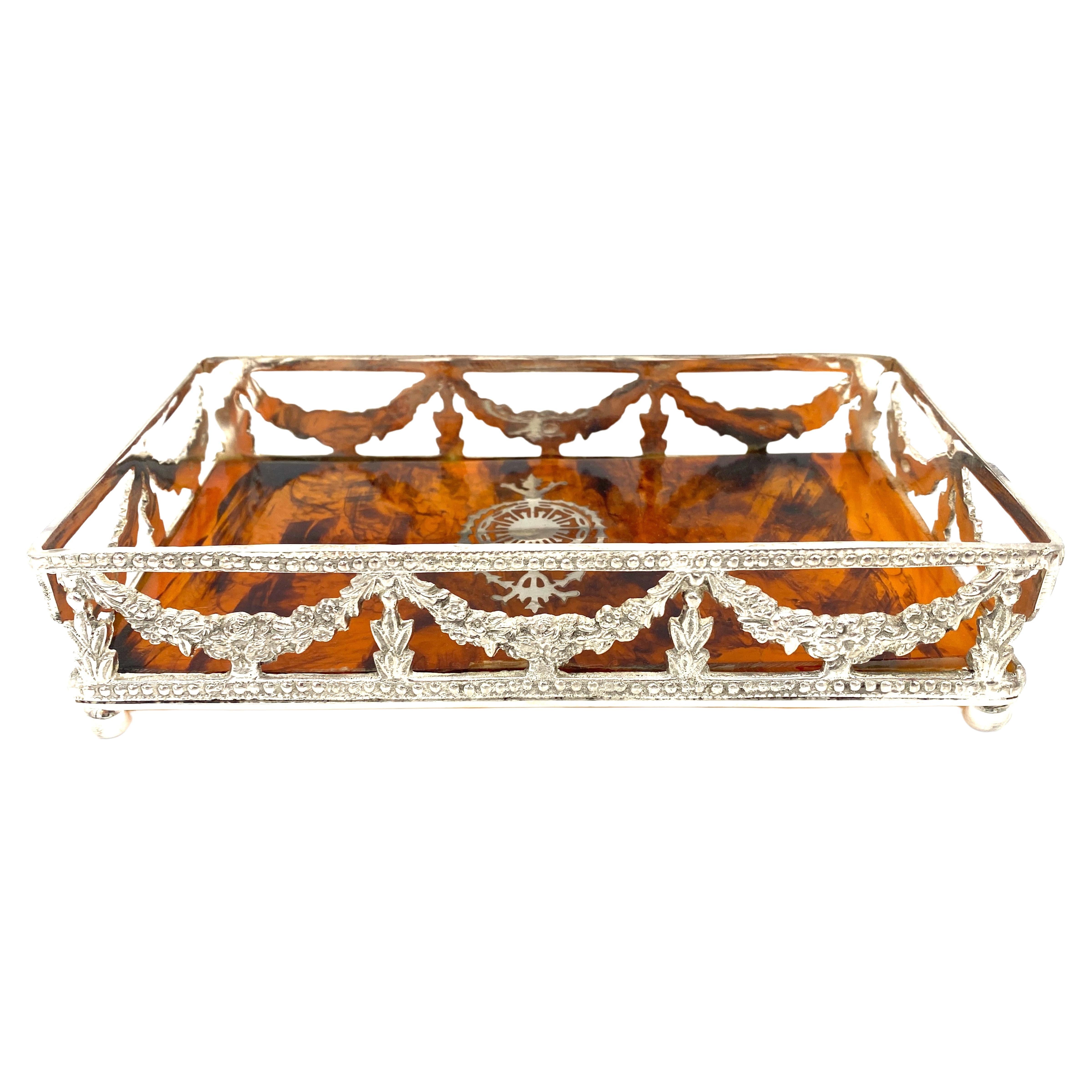 English Neoclassical Silverplated & Faux Tortoise Gallery Tray 2nd Available  For Sale