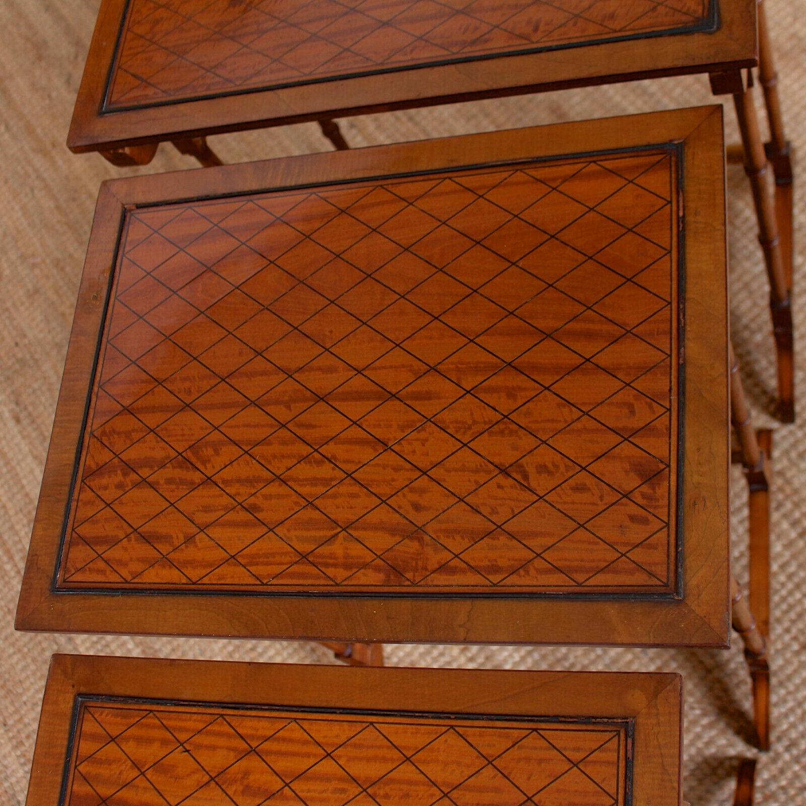 20th Century English Nest of Tables Satinwood Crossbanded 3 Side Tables Tall Georgian For Sale