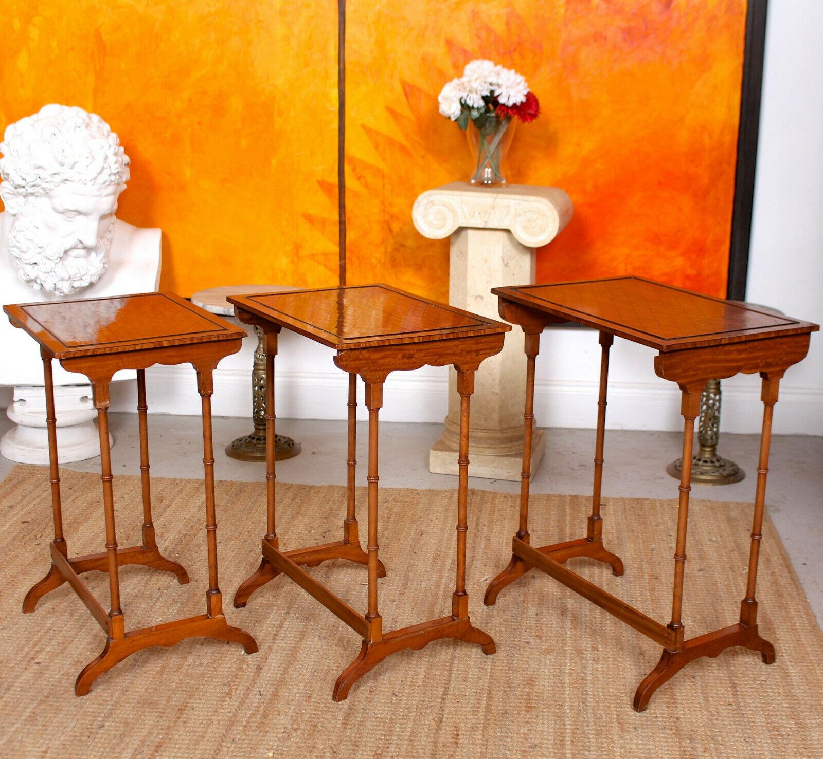 English Nest of Tables Satinwood Crossbanded 3 Side Tables Tall Georgian For Sale 4