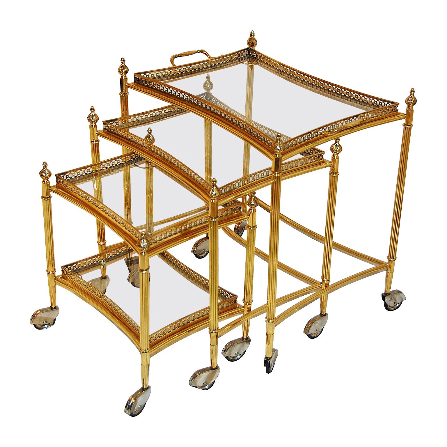 English Nesting Set of Three Brass Bar Carts with Removable Galleried Trays For Sale