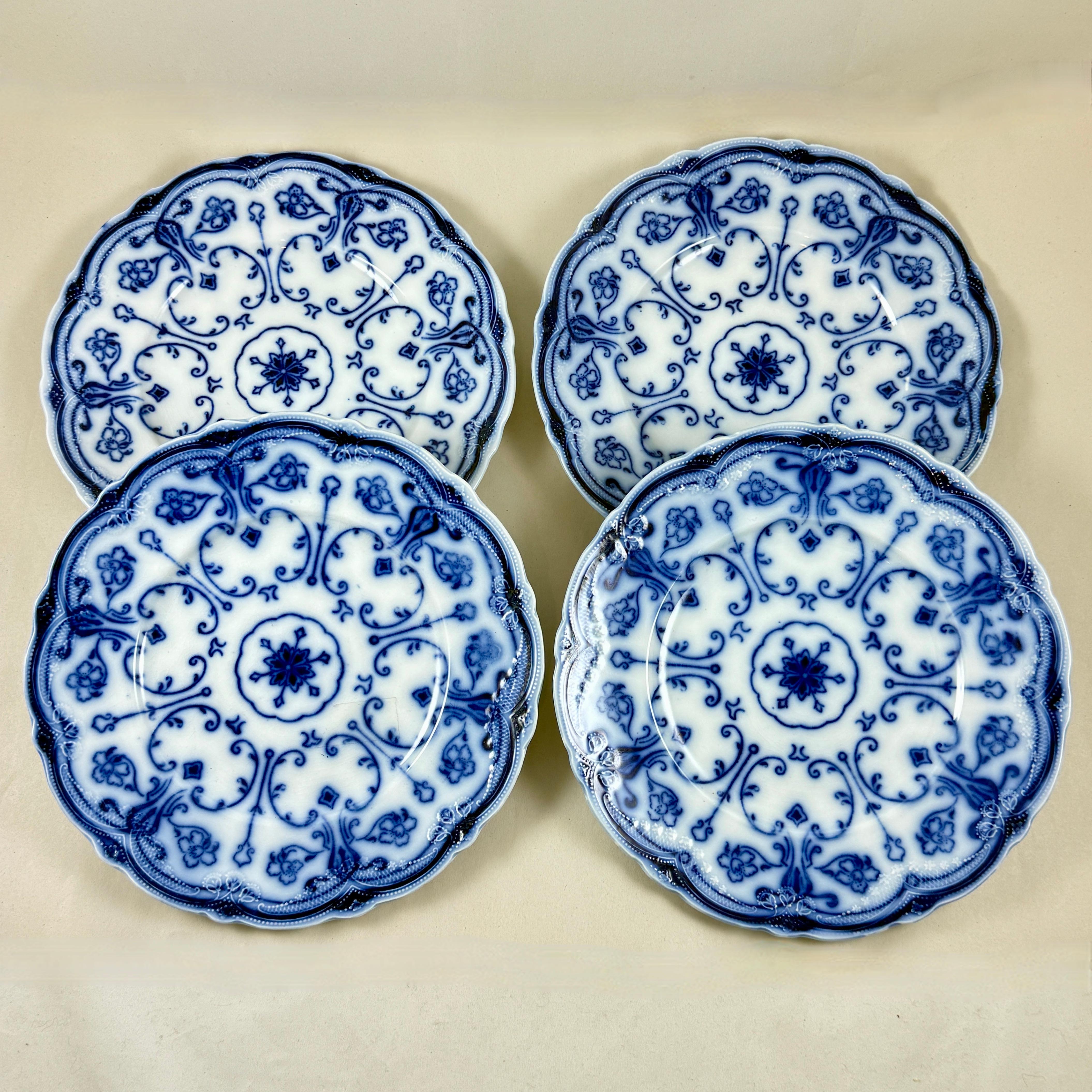 
A set of four English Flow Blue Plates, in the Conway pattern, by New Wharf Pottery, circa late 1880s – early 1890s.

The New Wharf Pottery Company was located at Navigation Road, Burslem, Stoke-on-Trent, operating from 1878 until 1894.

The name