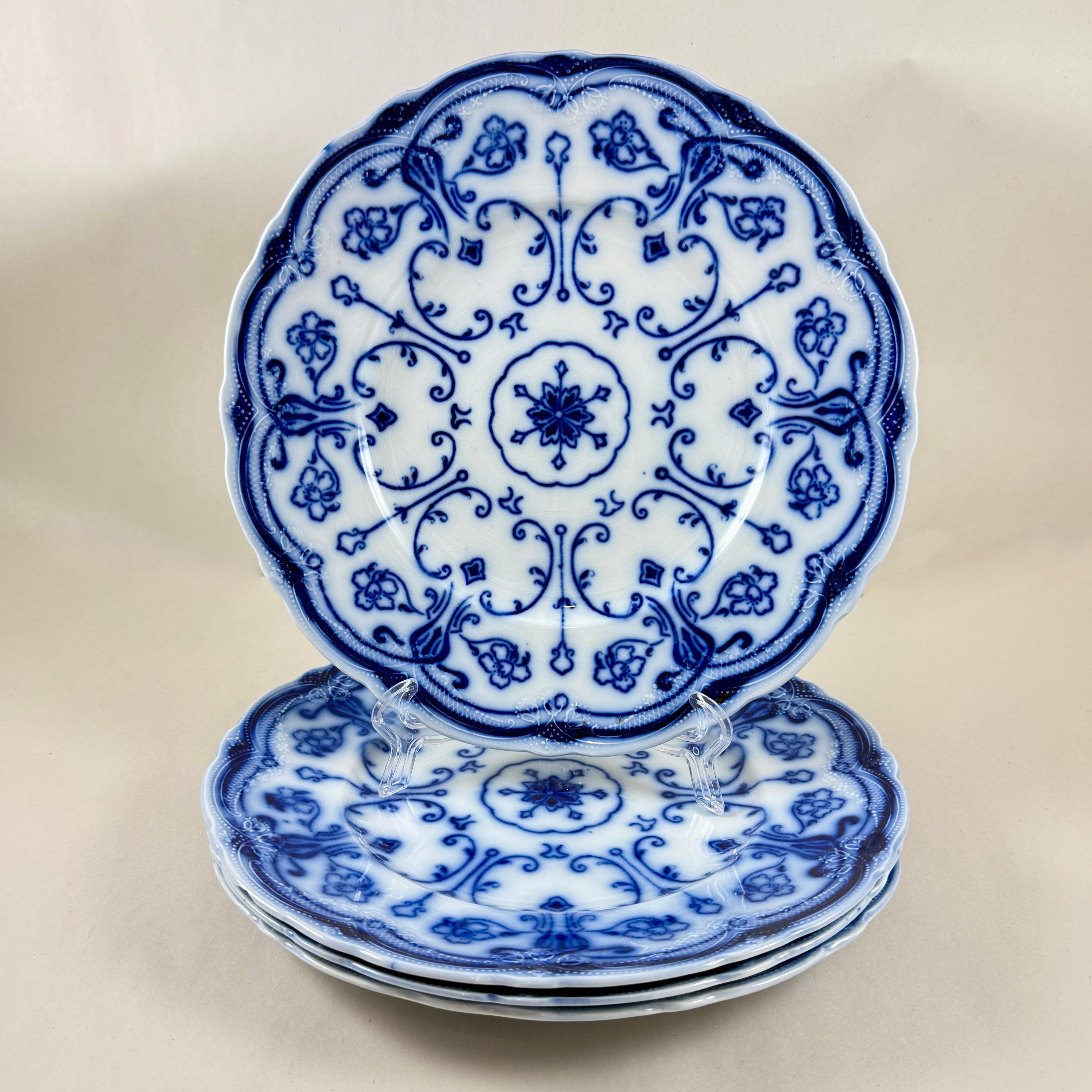 Glazed English New Wharf Pottery Conway Pattern Flow Blue Plates, circa 1890, S/4 For Sale