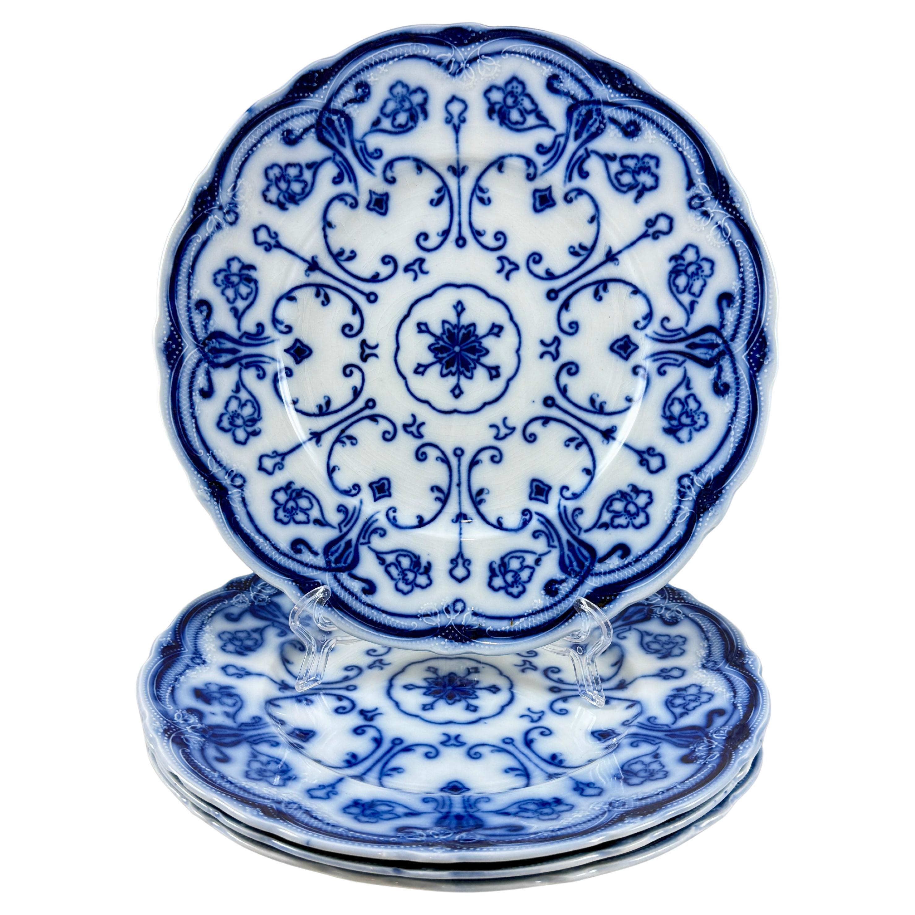 English New Wharf Pottery Conway Pattern Flow Blue Plates, circa 1890, S/4