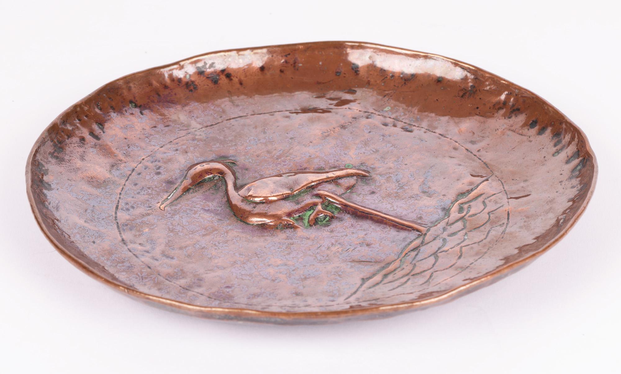 Early 20th Century English Newlyn Attributed Arts & Crafts Hand Beaten Copper Plaque with Heron For Sale