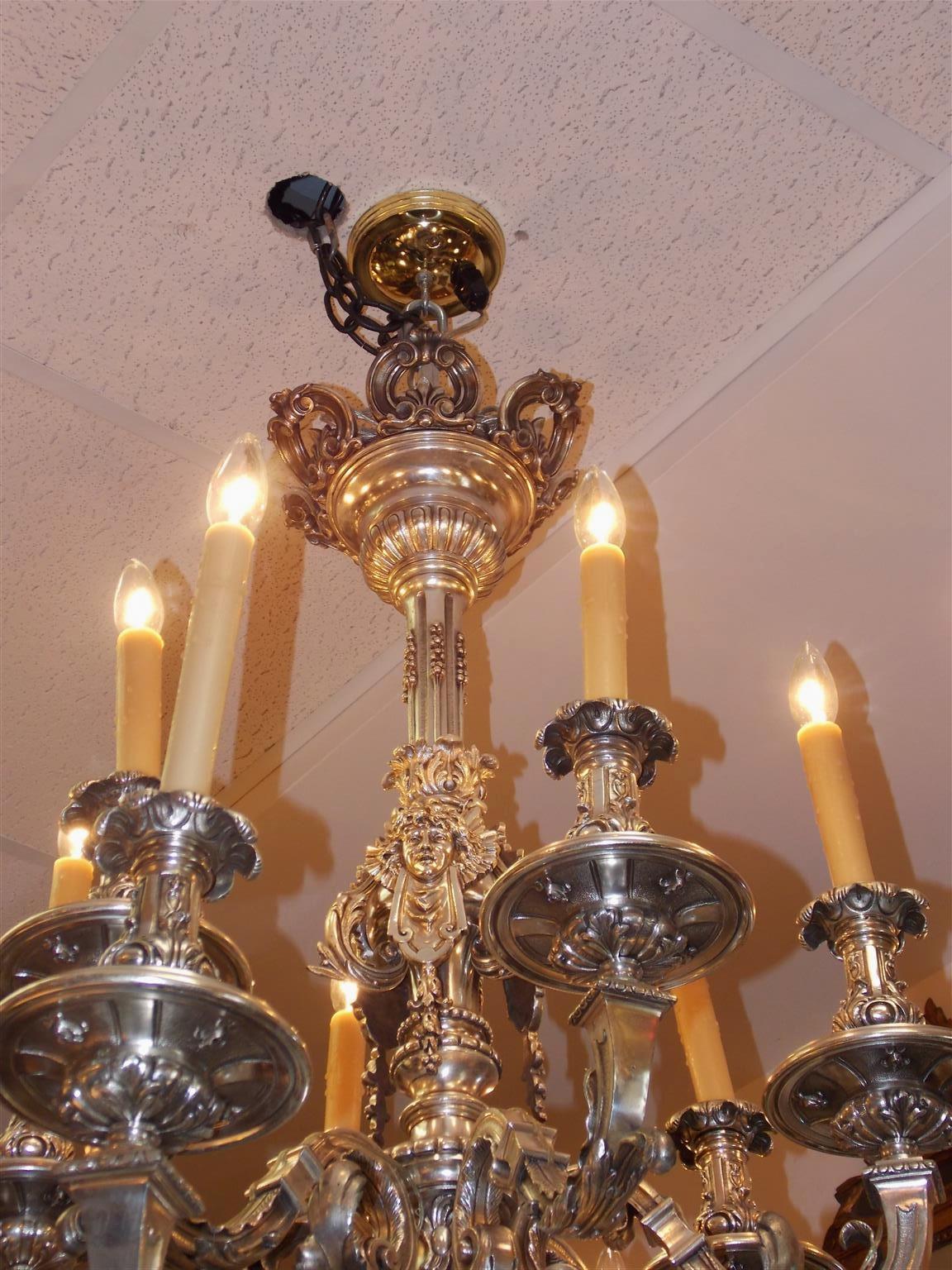 English Silver Over Bronze Figural and Acanthus Twelve-Light Chandelier, C. 1780 In Excellent Condition In Hollywood, SC