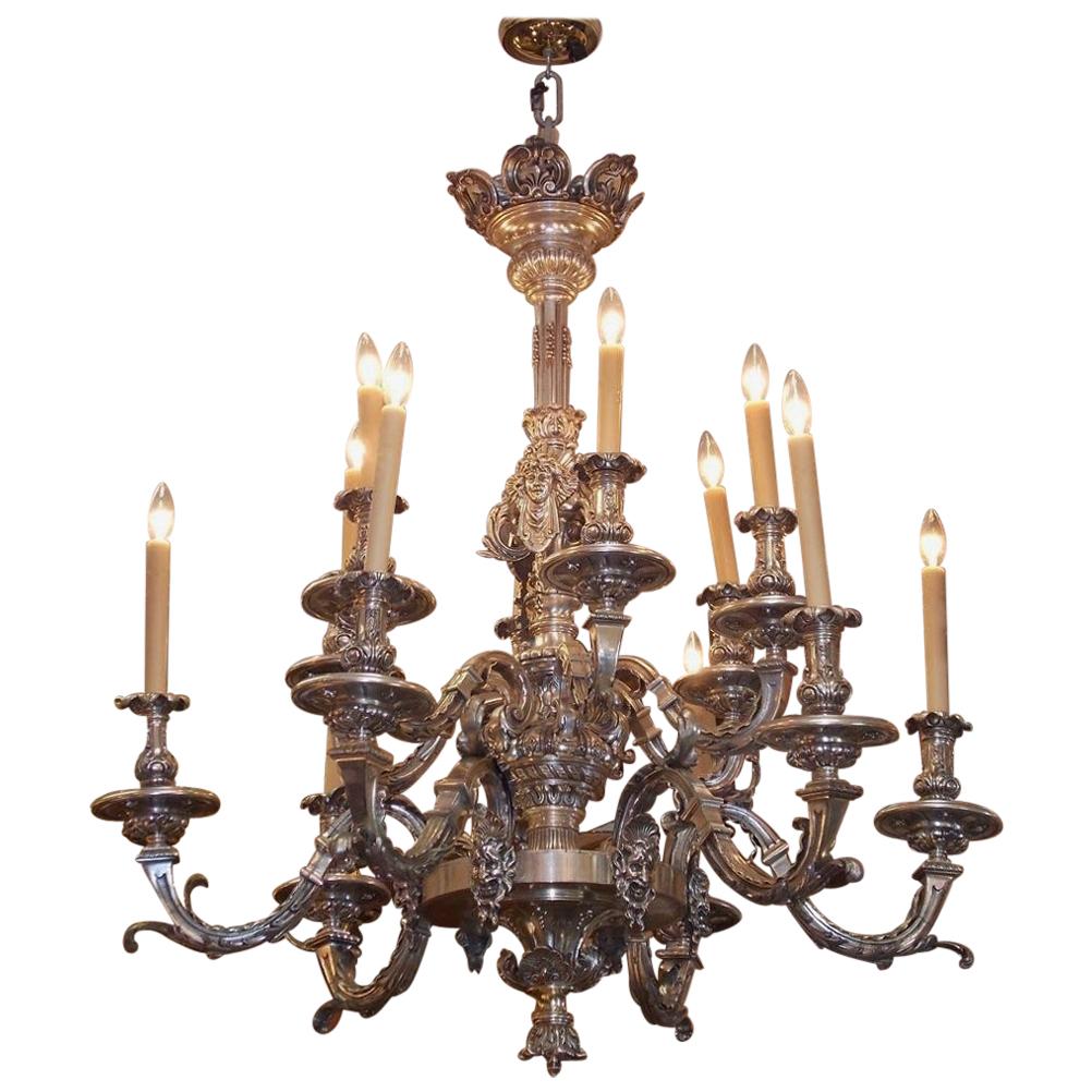 English Silver Over Bronze Figural and Acanthus Twelve-Light Chandelier, C. 1780