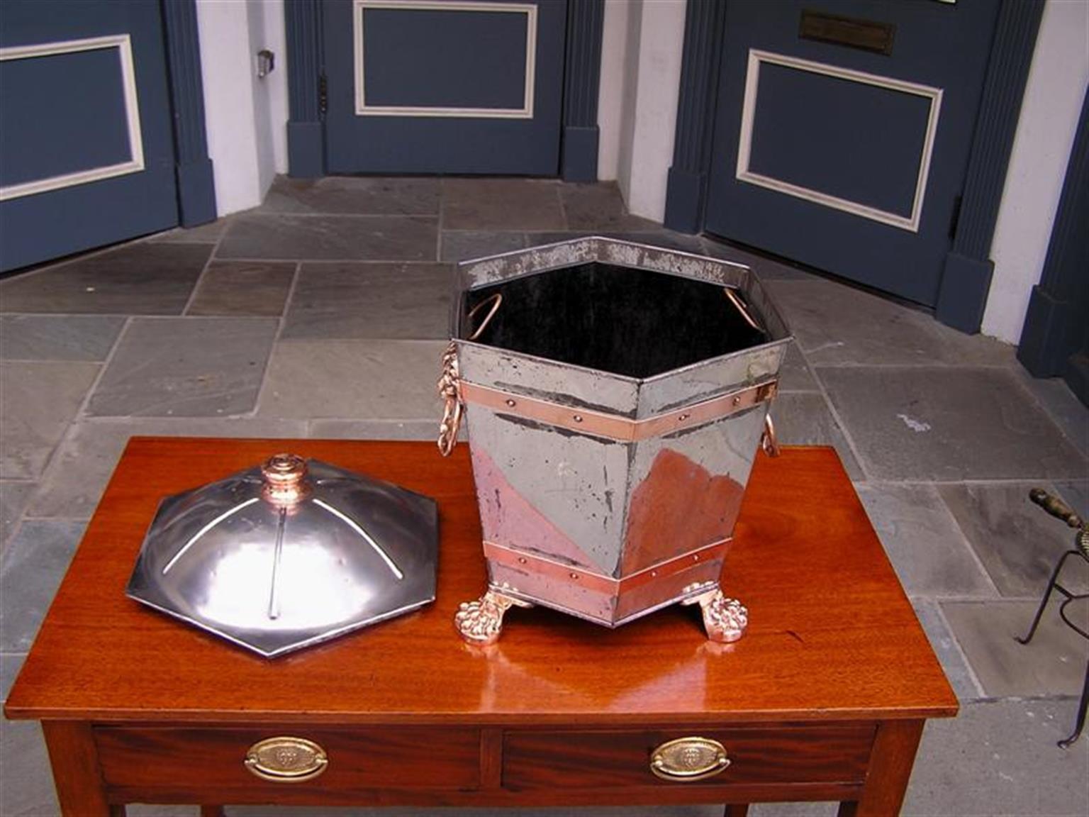 English Hexagon Dome Lid Nickel Silver and Copper Coal Hod with Liner. C. 1840 In Good Condition For Sale In Hollywood, SC