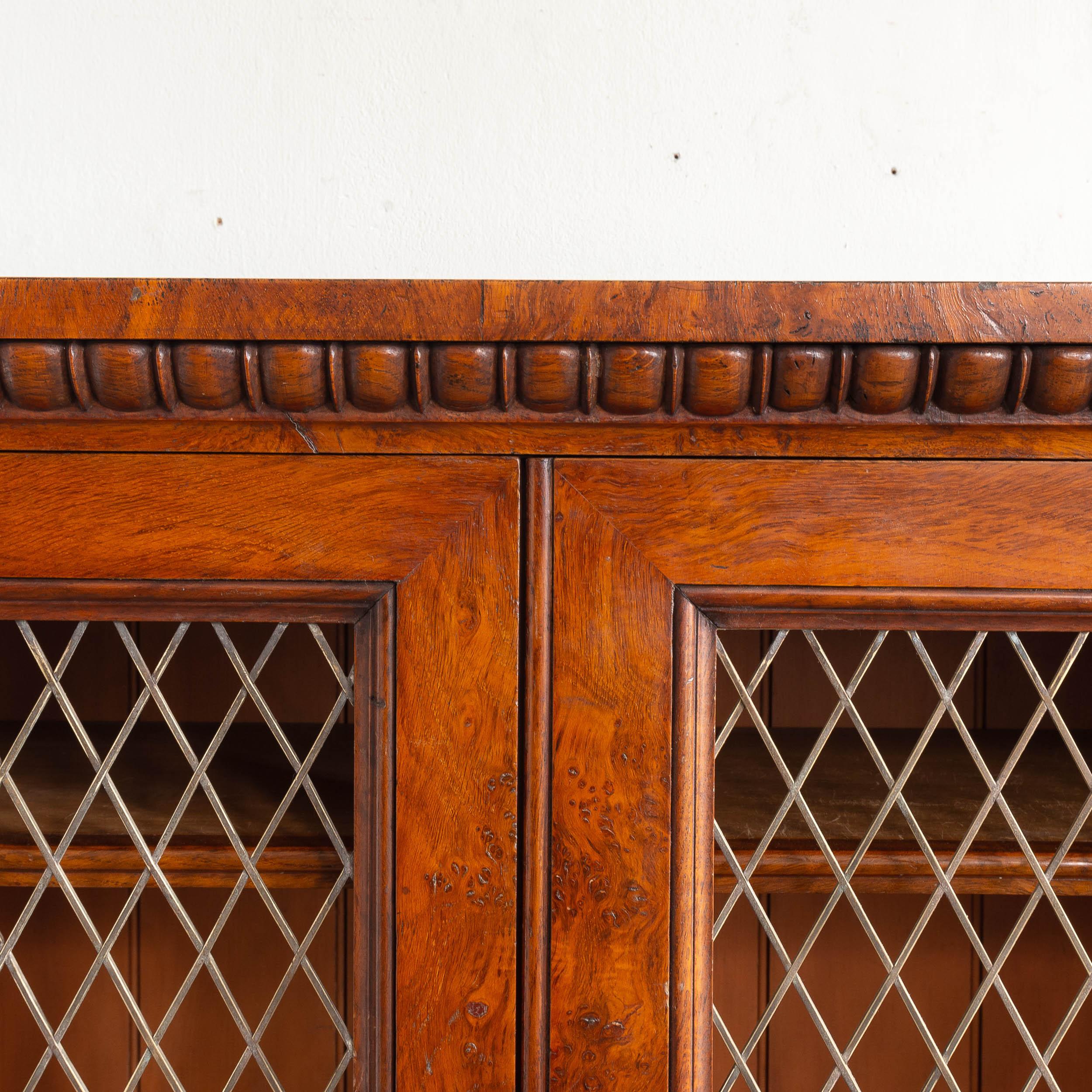 Libreria in rovere dell'Ottocento, con un'ardita modanatura a uovo e dardo, le ante con griglie in ottone che racchiudono scaffali interni regolabili, su piedini a slitta. L'Oak con alcune figure sbavate.