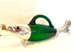 English Novelty Silver Plate & Emerald Green Glass Fish Claret Jug Decanter.
