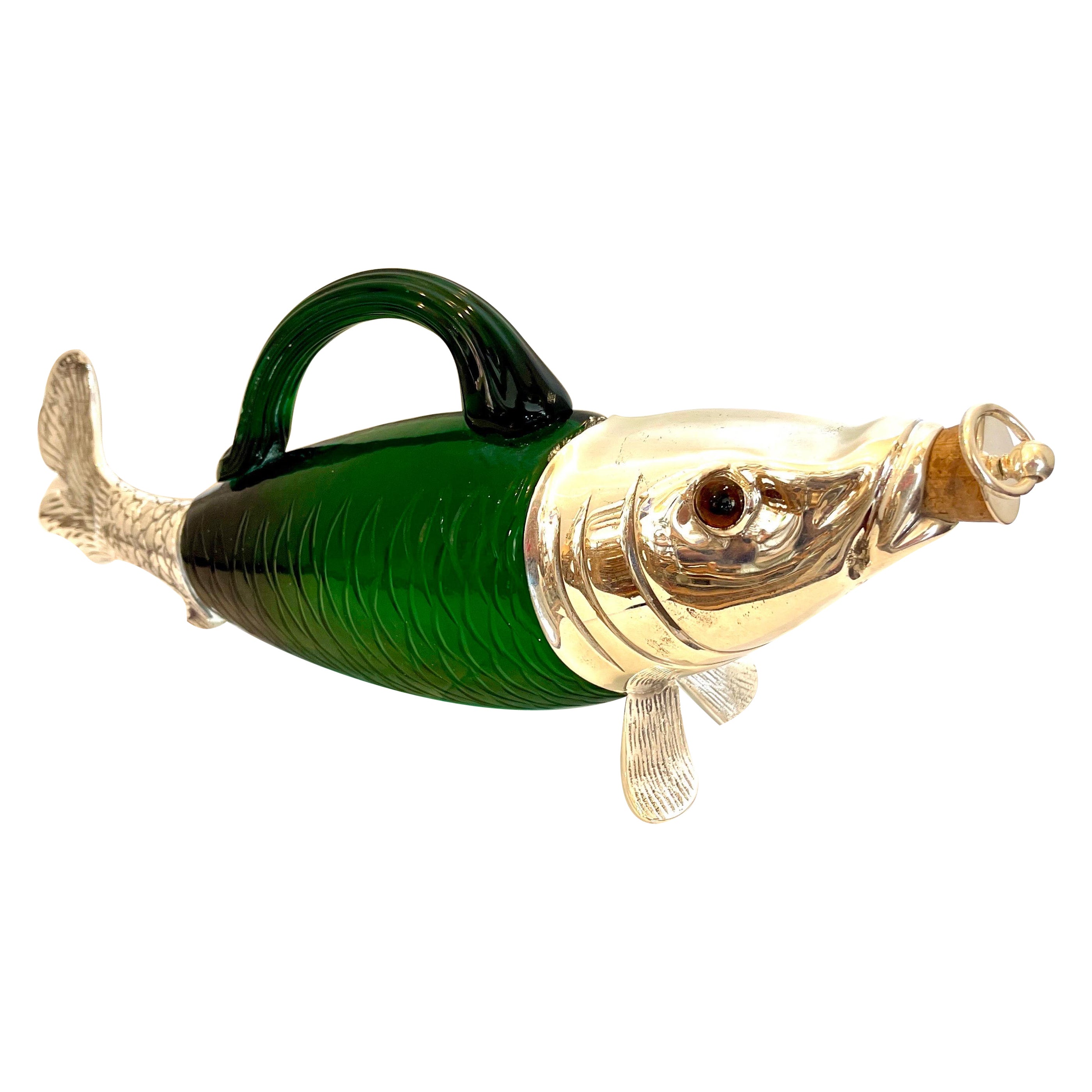 English Novelty Silver Plate 
Emerald Green Glass Fish Claret Jug Decanter.