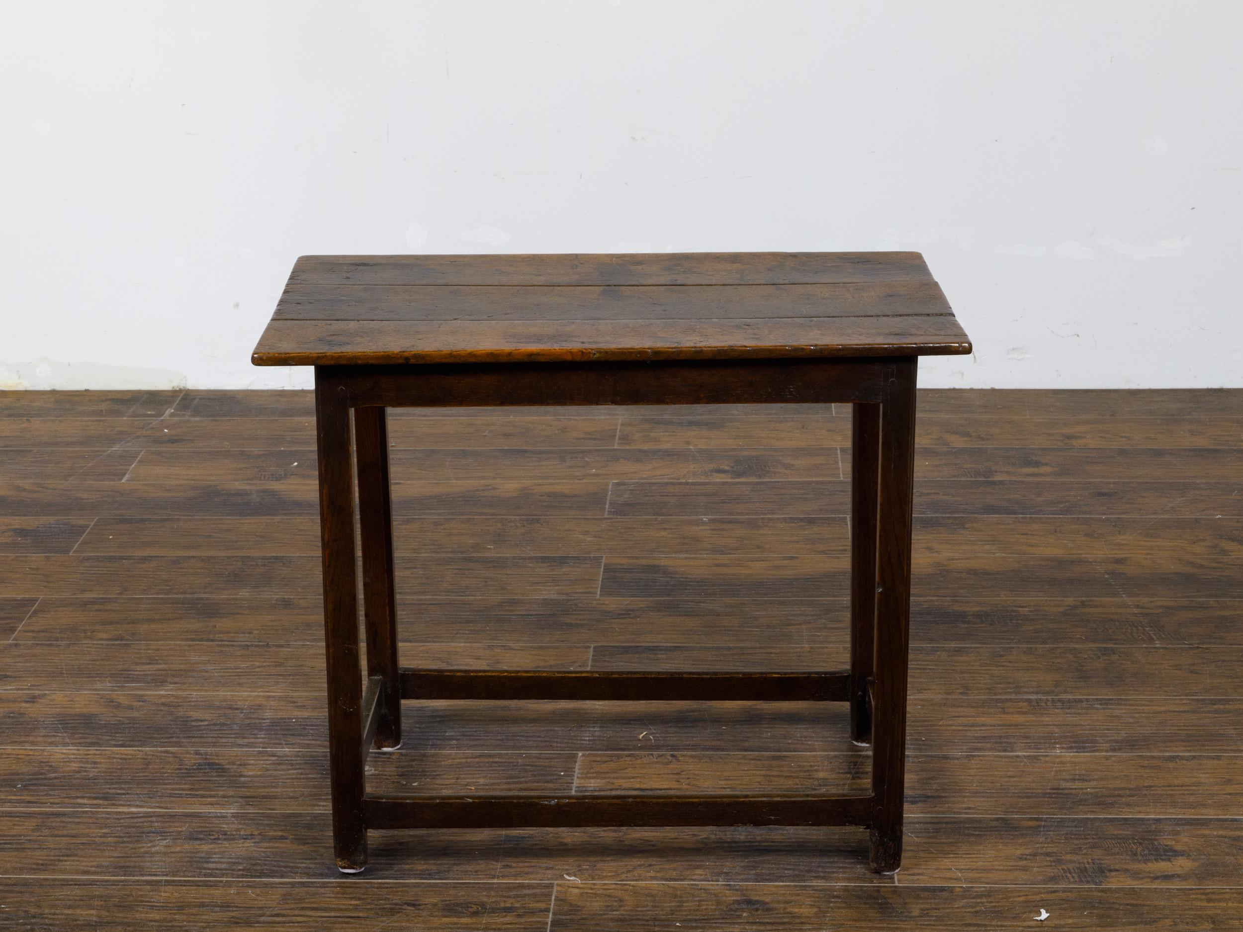 19th Century English Oak 1800s Side Table with Planked Top, Straight Legs and Stretchers For Sale