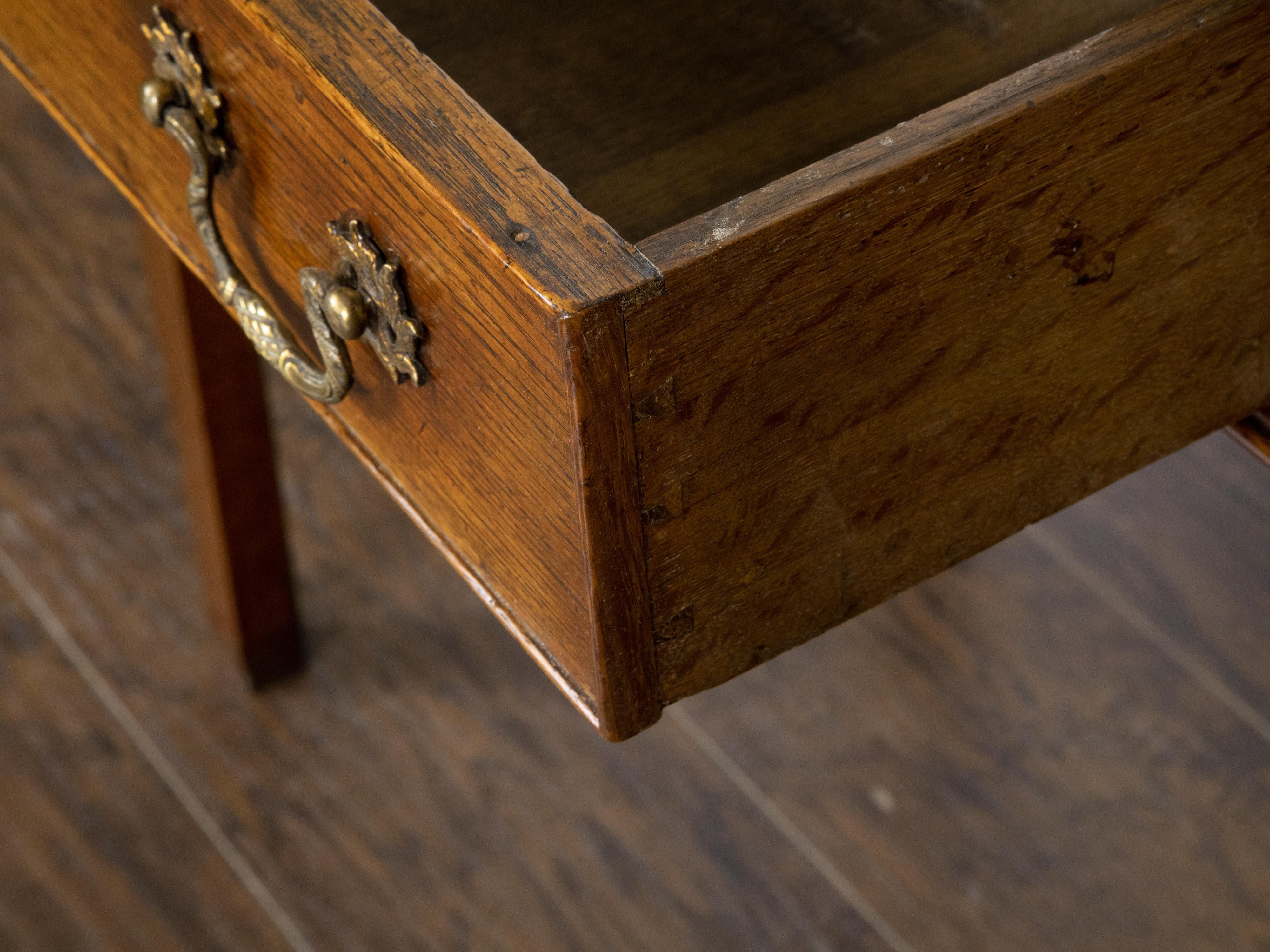 English Oak 1840s Side Table with Single Drawer and Ornate Hardware For Sale 5