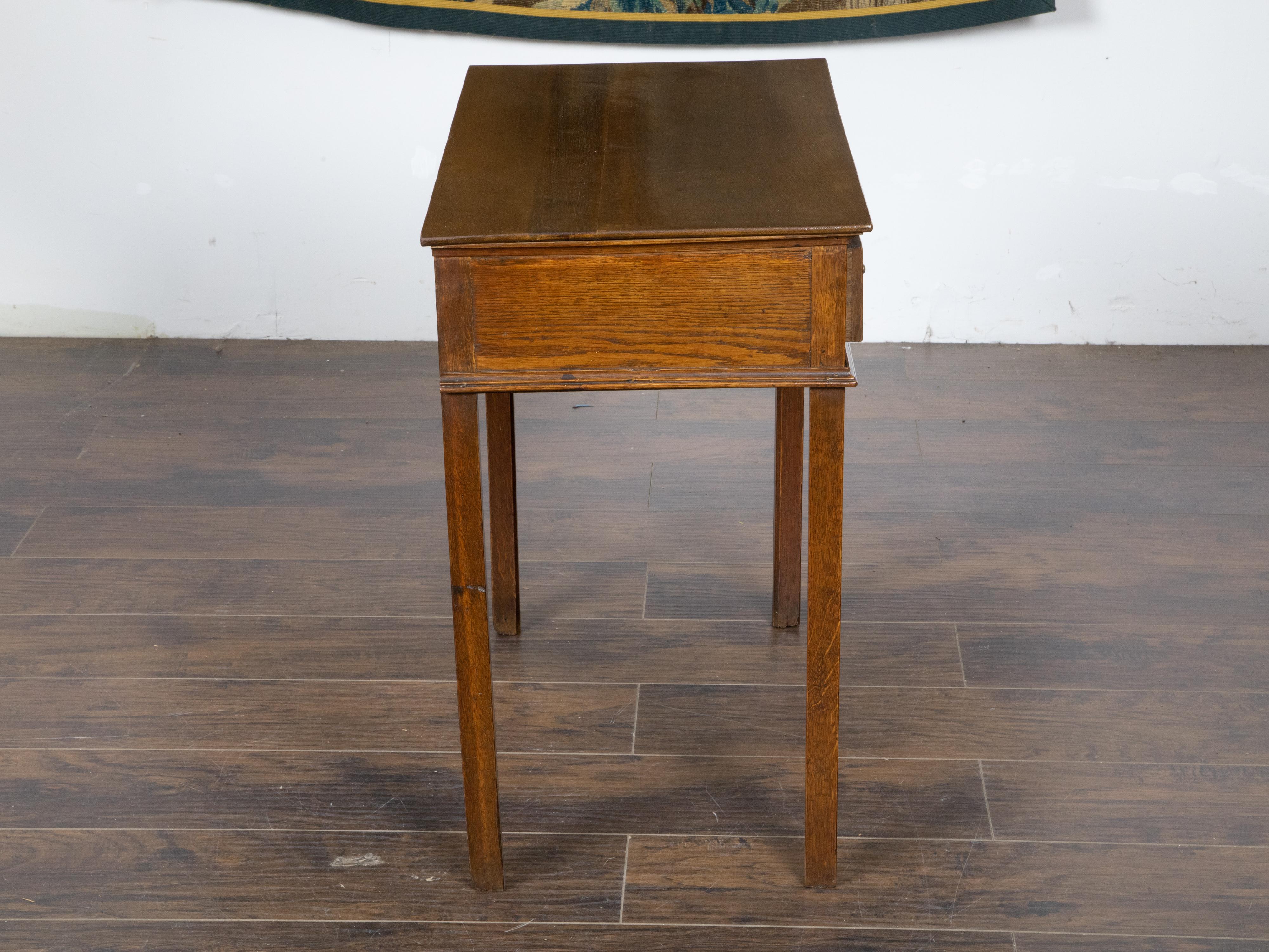 Brass English Oak 1840s Side Table with Single Drawer and Ornate Hardware For Sale