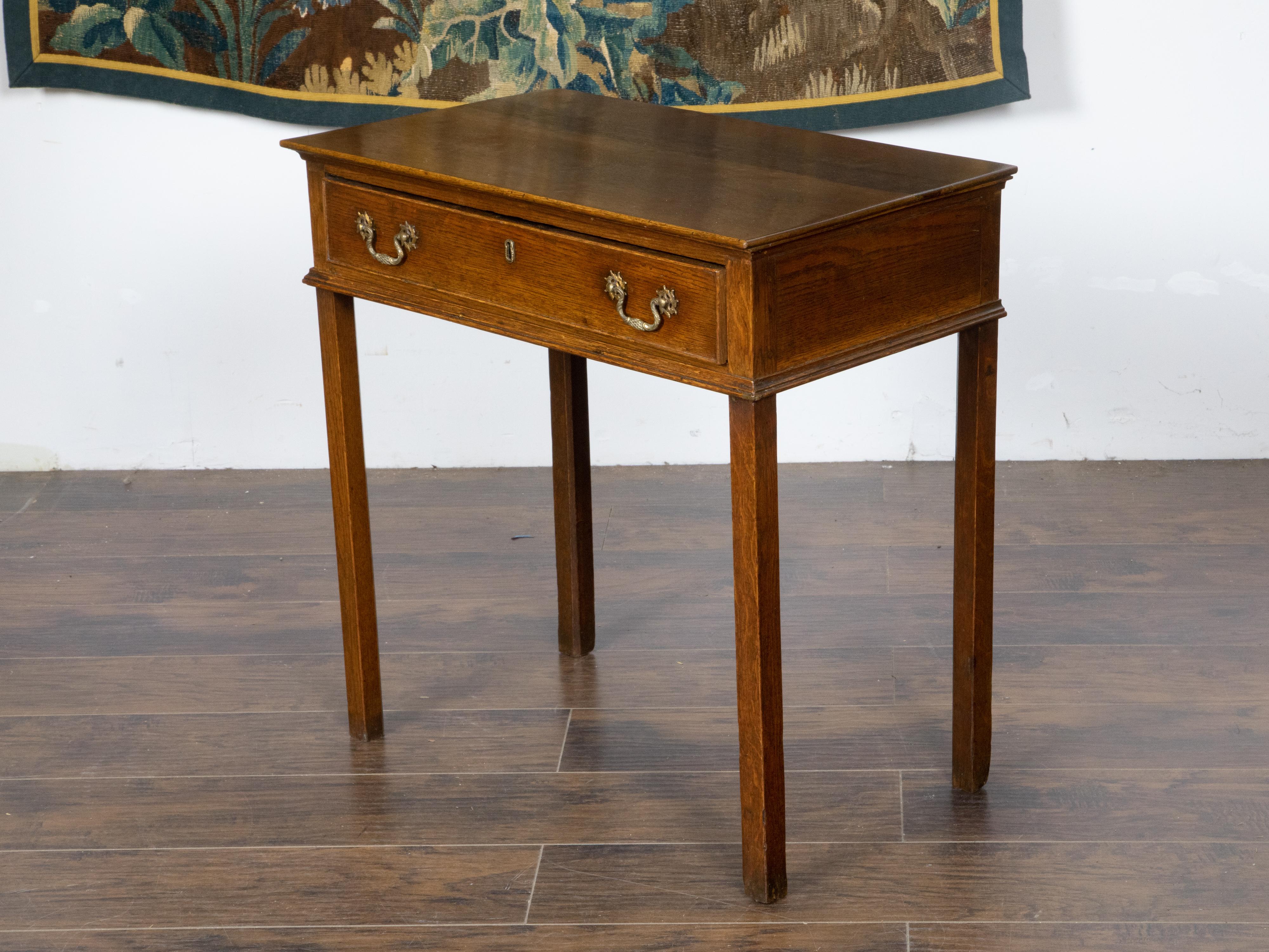 English Oak 1840s Side Table with Single Drawer and Ornate Hardware For Sale 3