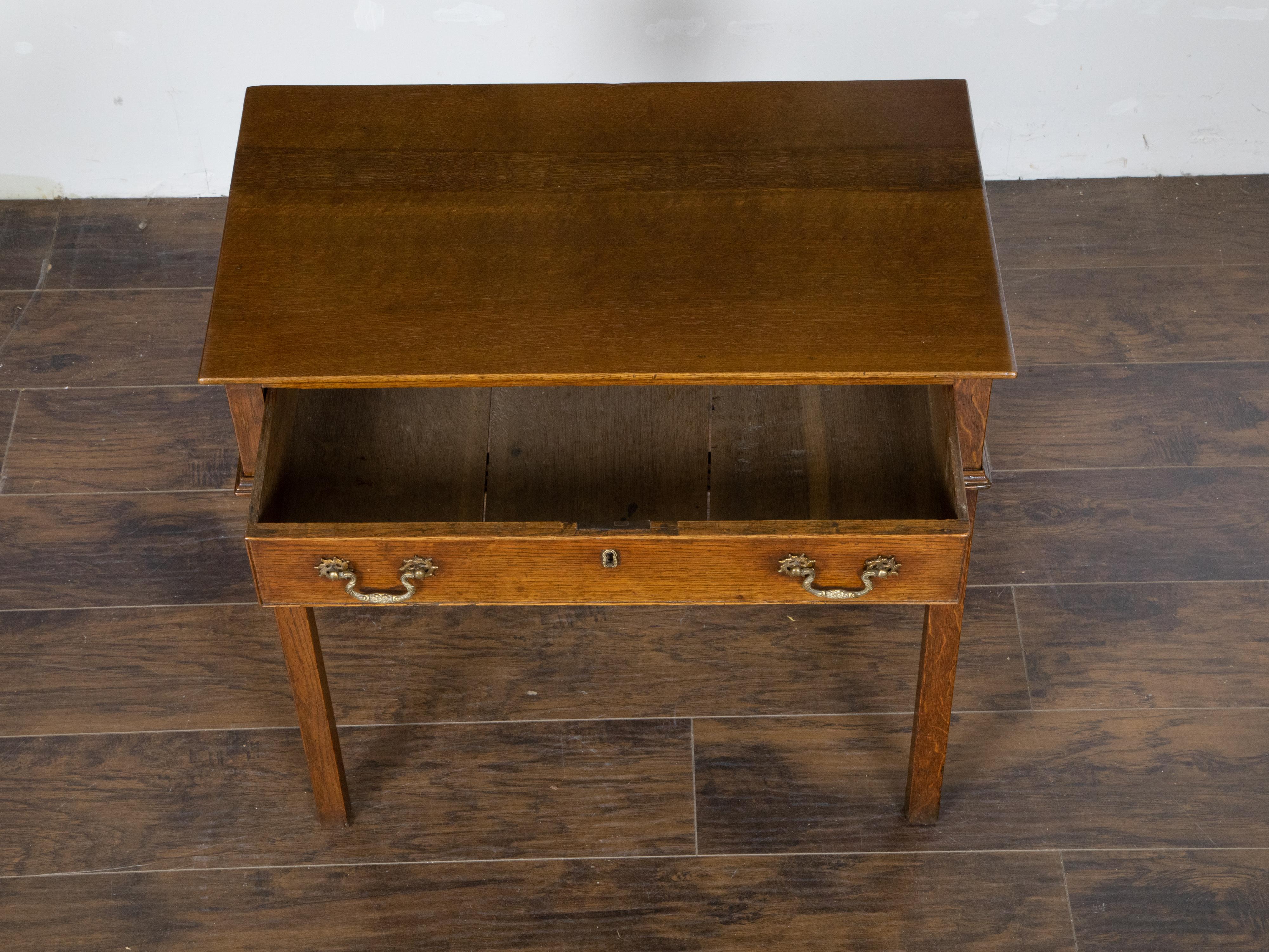 English Oak 1840s Side Table with Single Drawer and Ornate Hardware For Sale 4