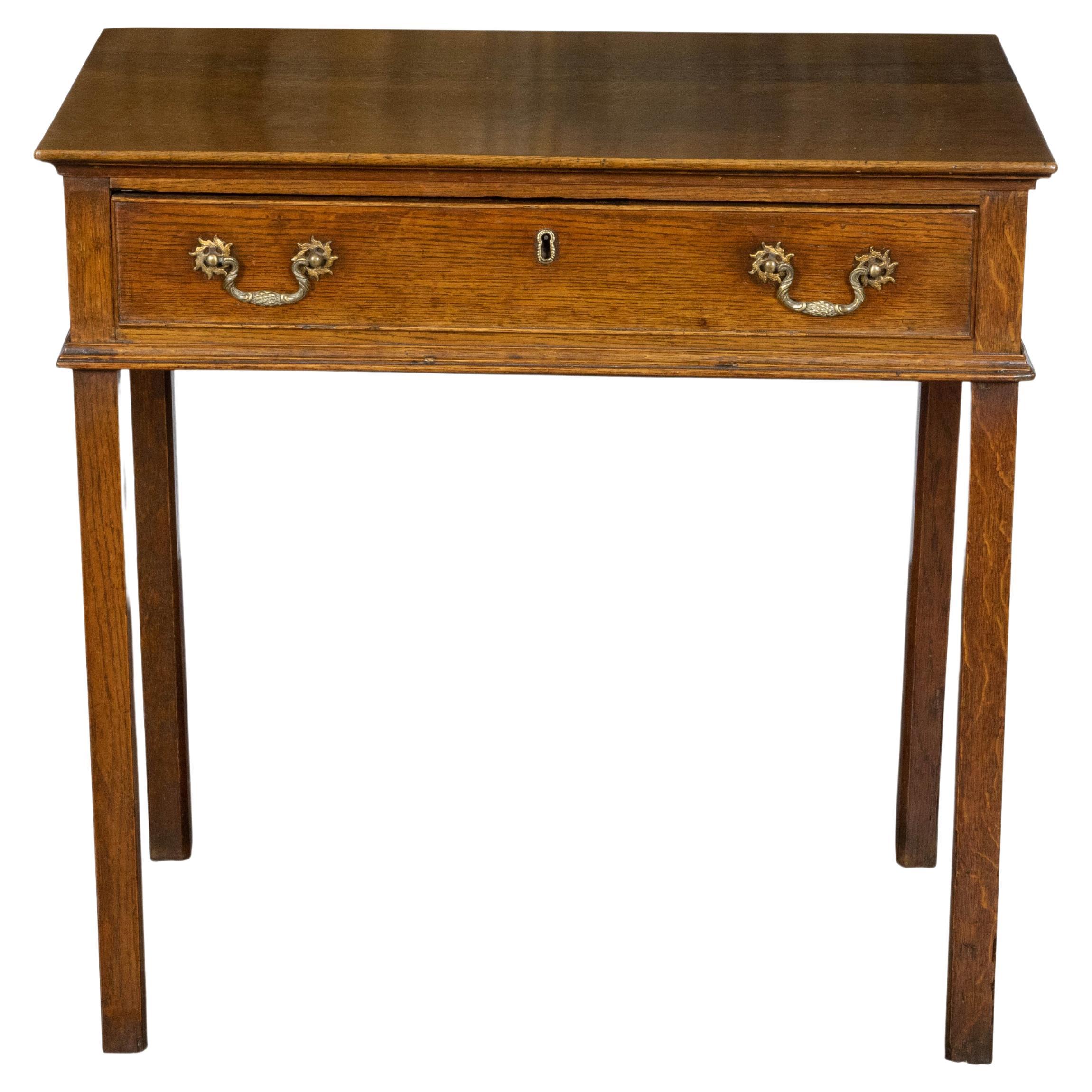 English Oak 1840s Side Table with Single Drawer and Ornate Hardware