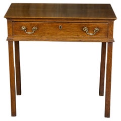 Antique English Oak 1840s Side Table with Single Drawer and Ornate Hardware