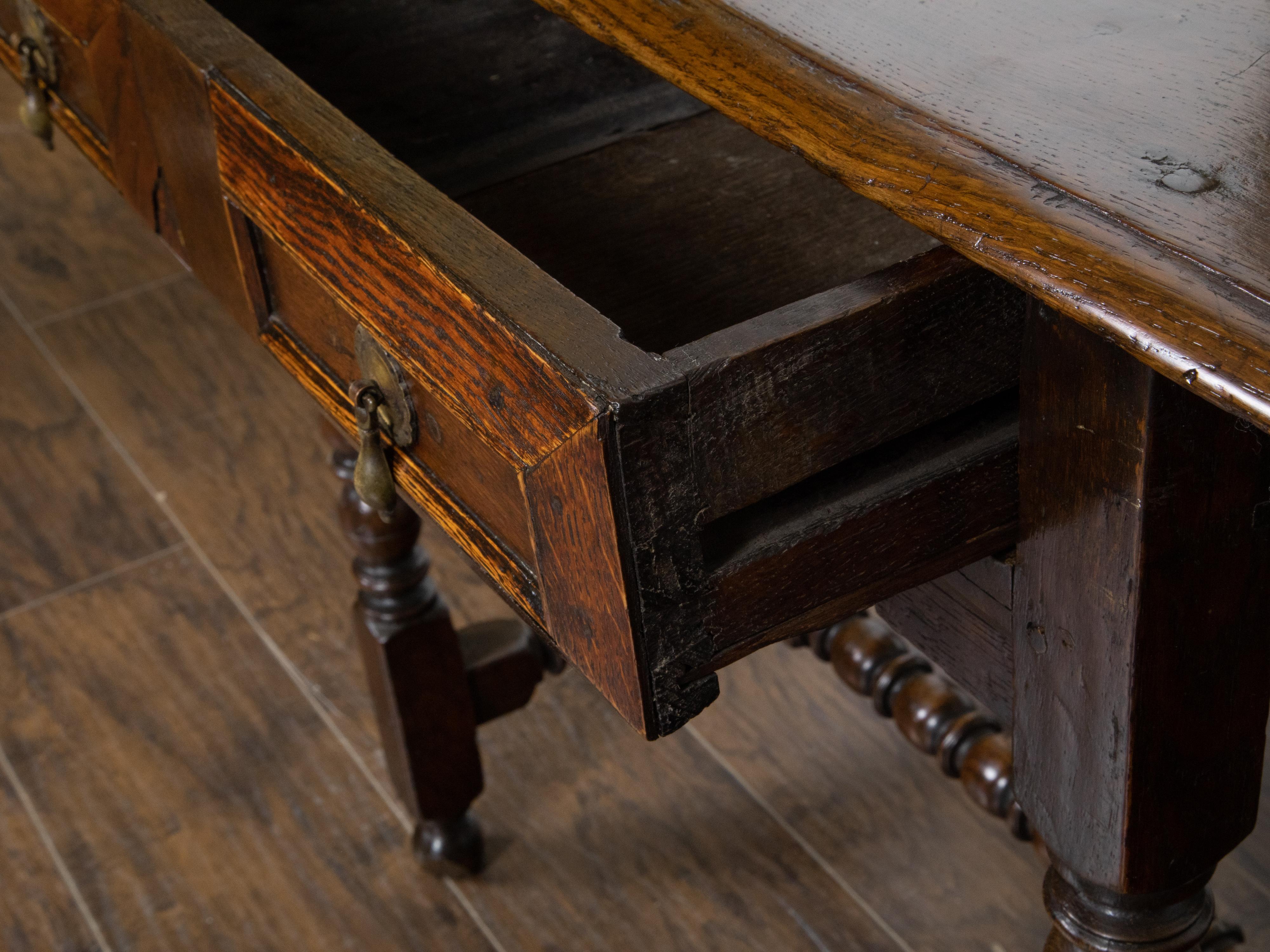 English Oak 19th Century Bobbin Legs Side Table with Geometric Font Drawer For Sale 5