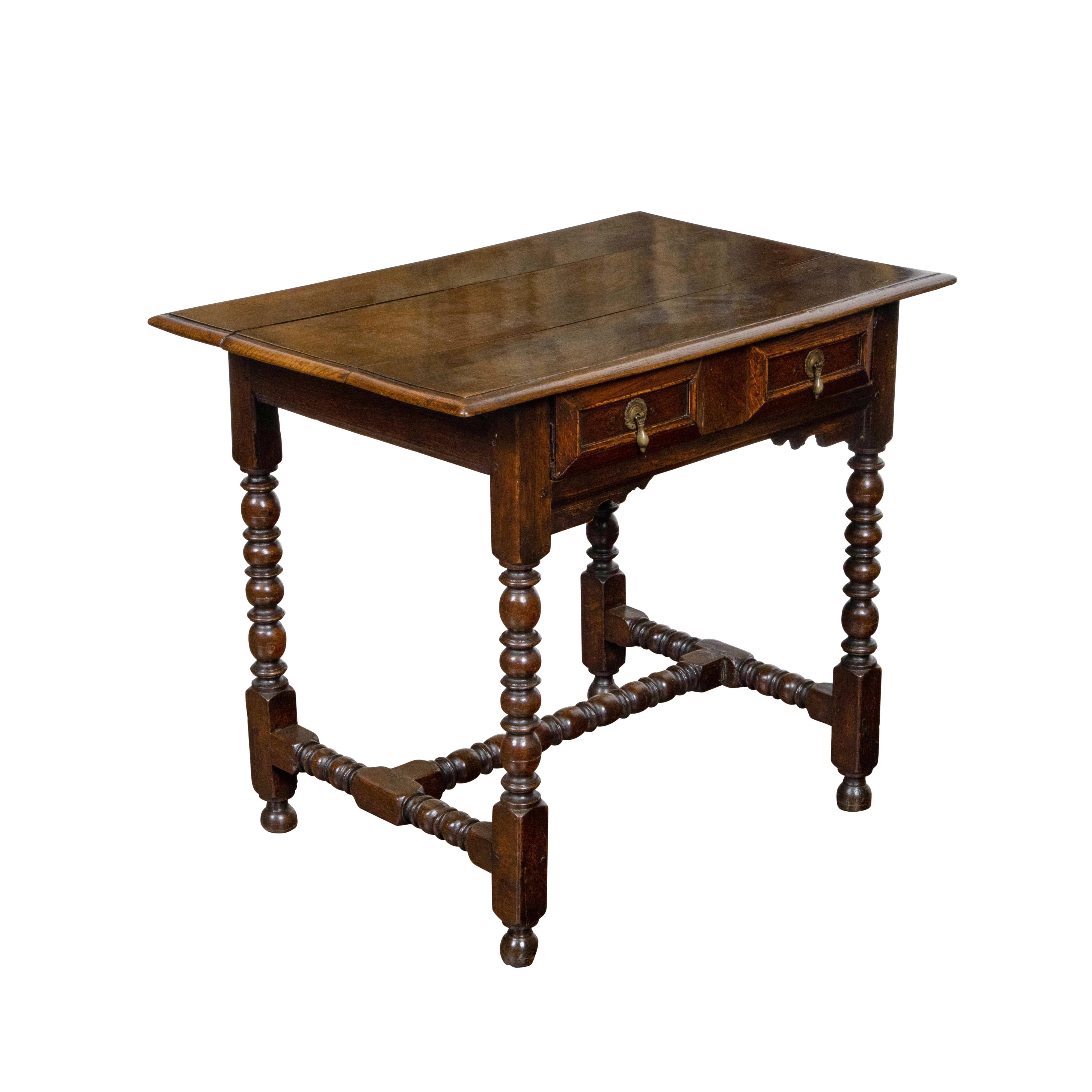Carved English Oak 19th Century Bobbin Legs Side Table with Geometric Font Drawer For Sale
