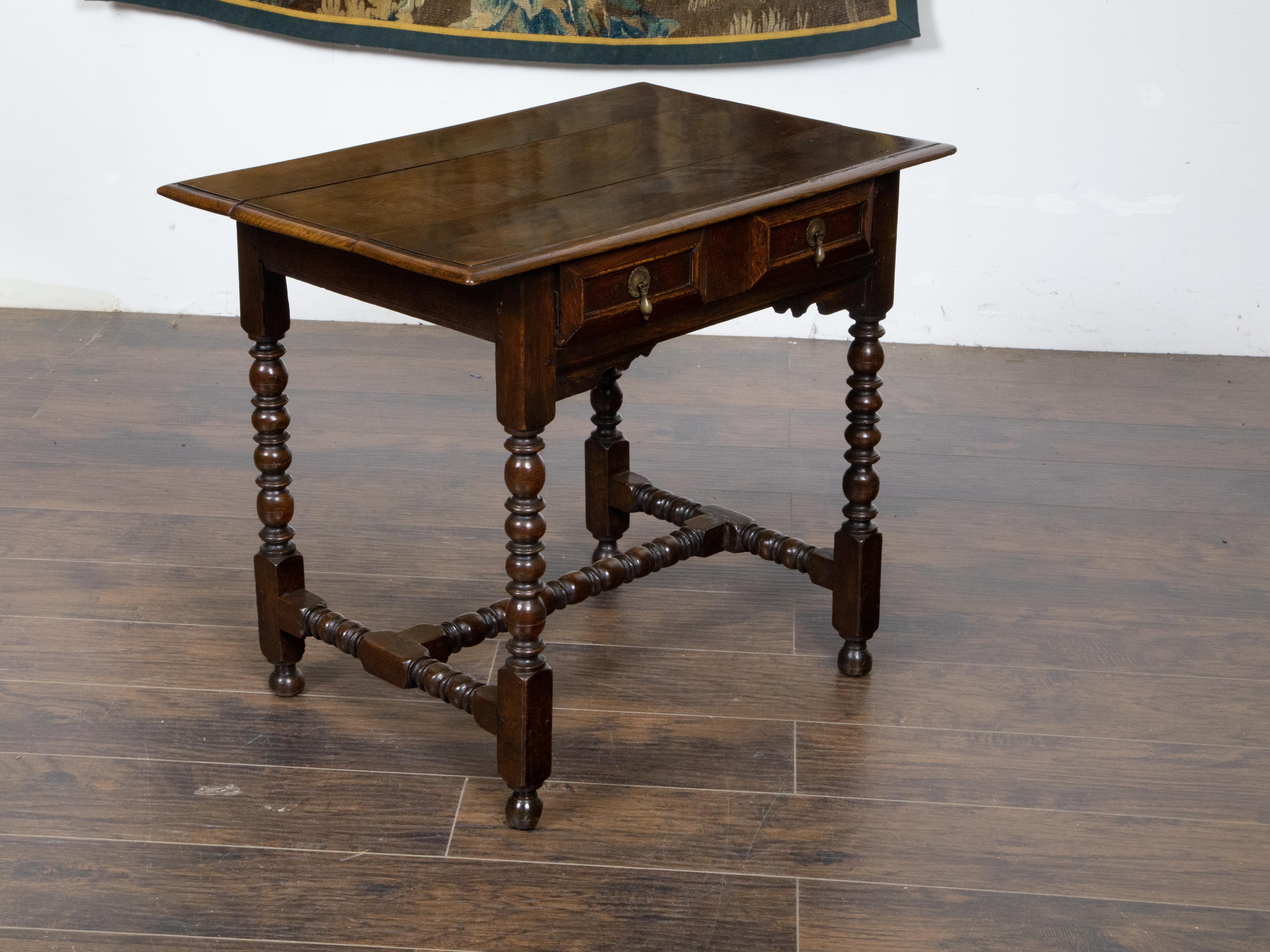 English Oak 19th Century Bobbin Legs Side Table with Geometric Font Drawer In Good Condition For Sale In Atlanta, GA