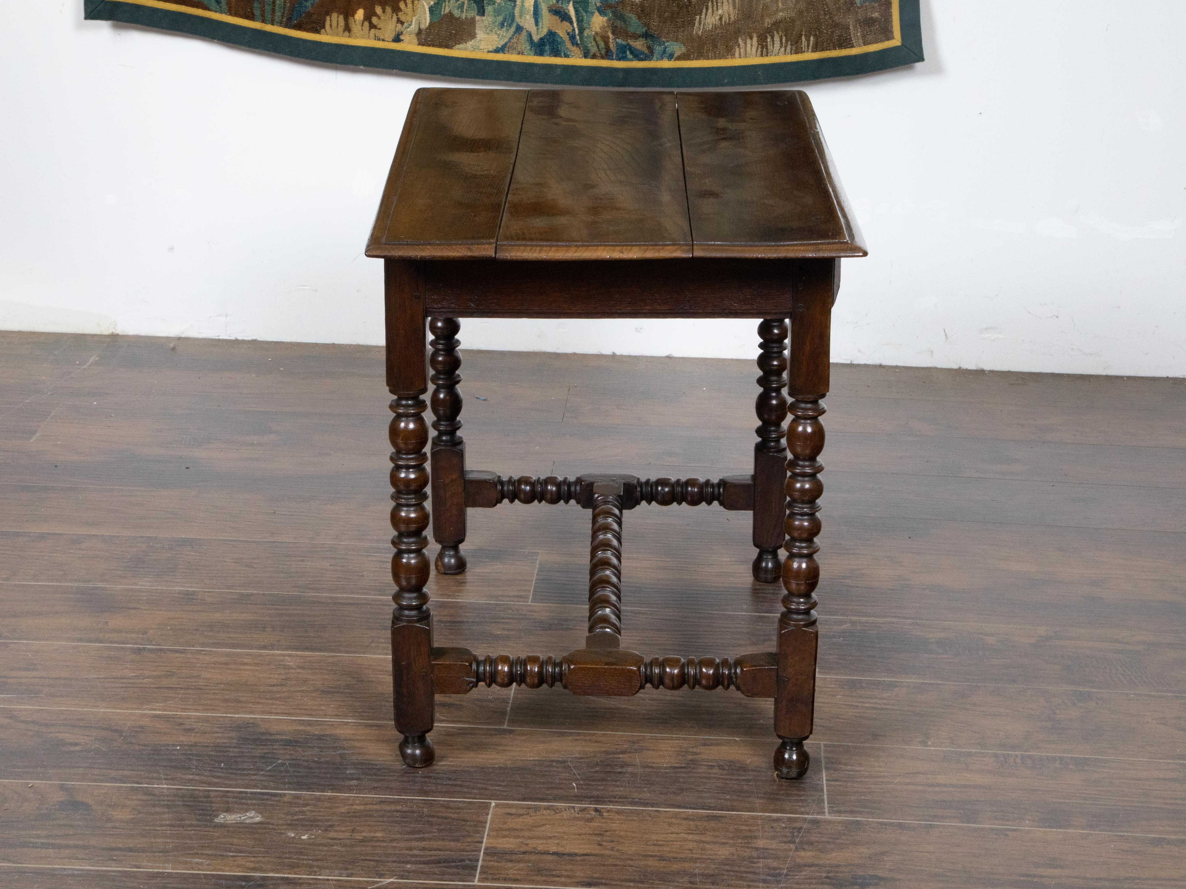 Brass English Oak 19th Century Bobbin Legs Side Table with Geometric Font Drawer For Sale