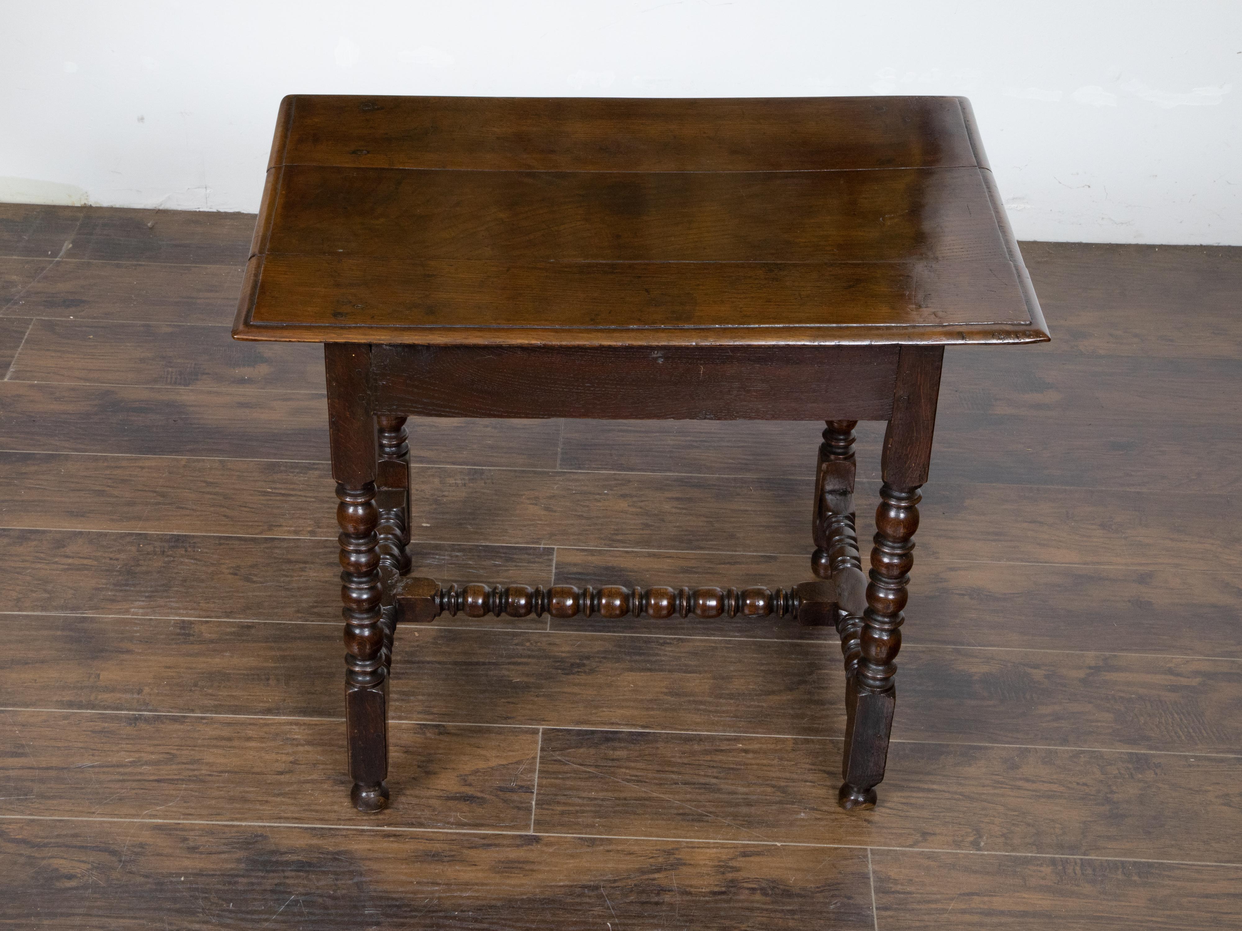 English Oak 19th Century Bobbin Legs Side Table with Geometric Font Drawer For Sale 1
