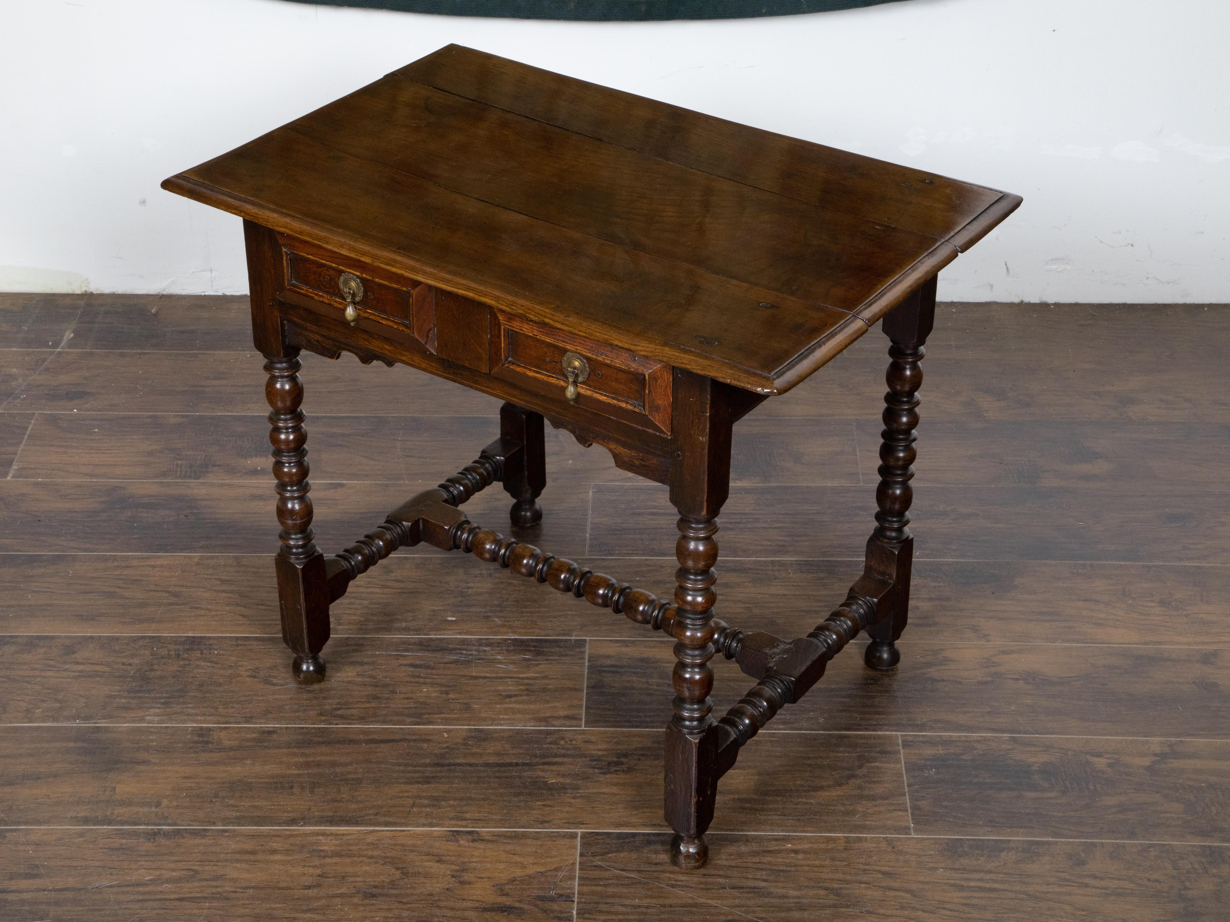 English Oak 19th Century Bobbin Legs Side Table with Geometric Font Drawer For Sale 3