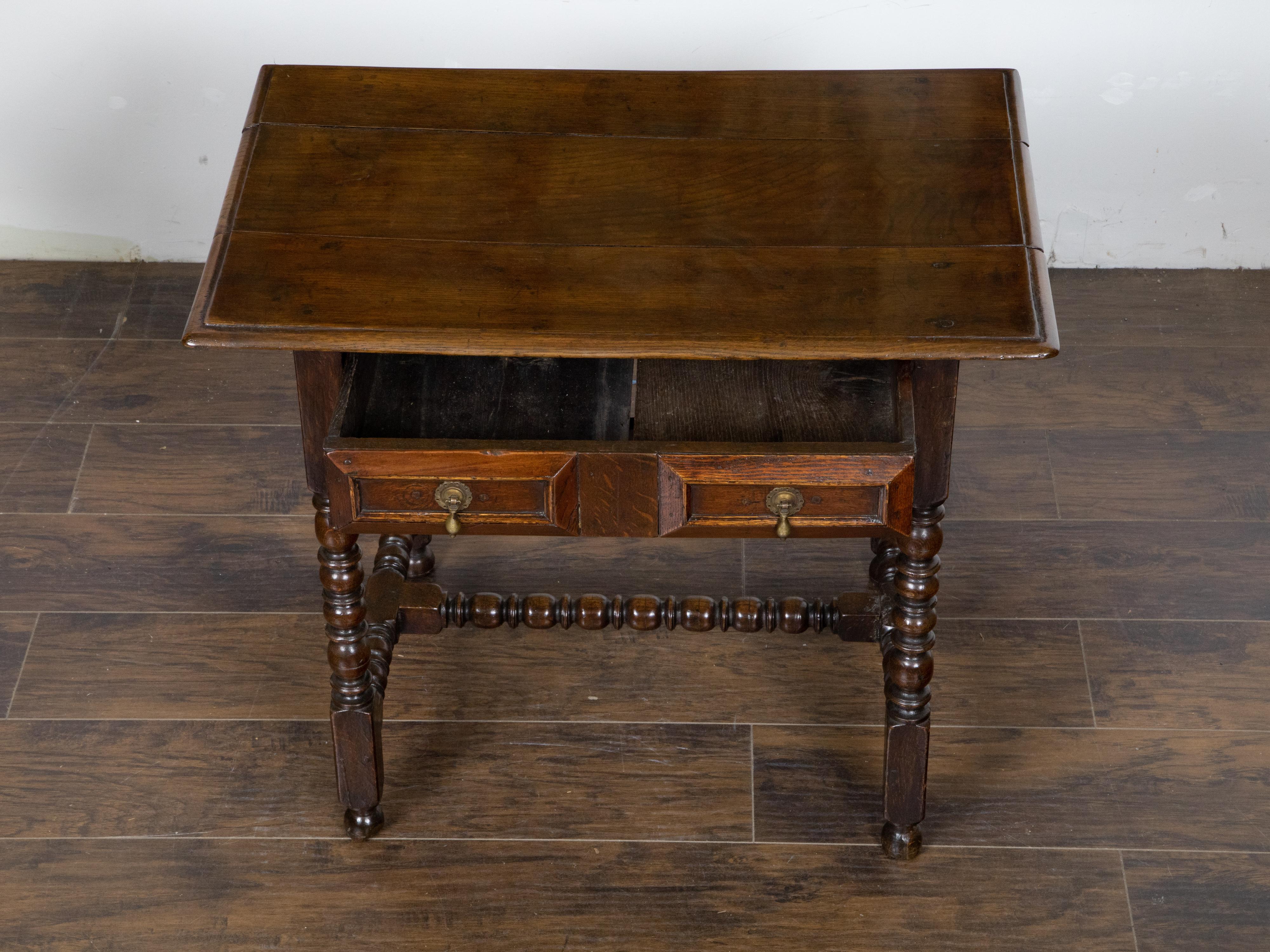 English Oak 19th Century Bobbin Legs Side Table with Geometric Font Drawer For Sale 4